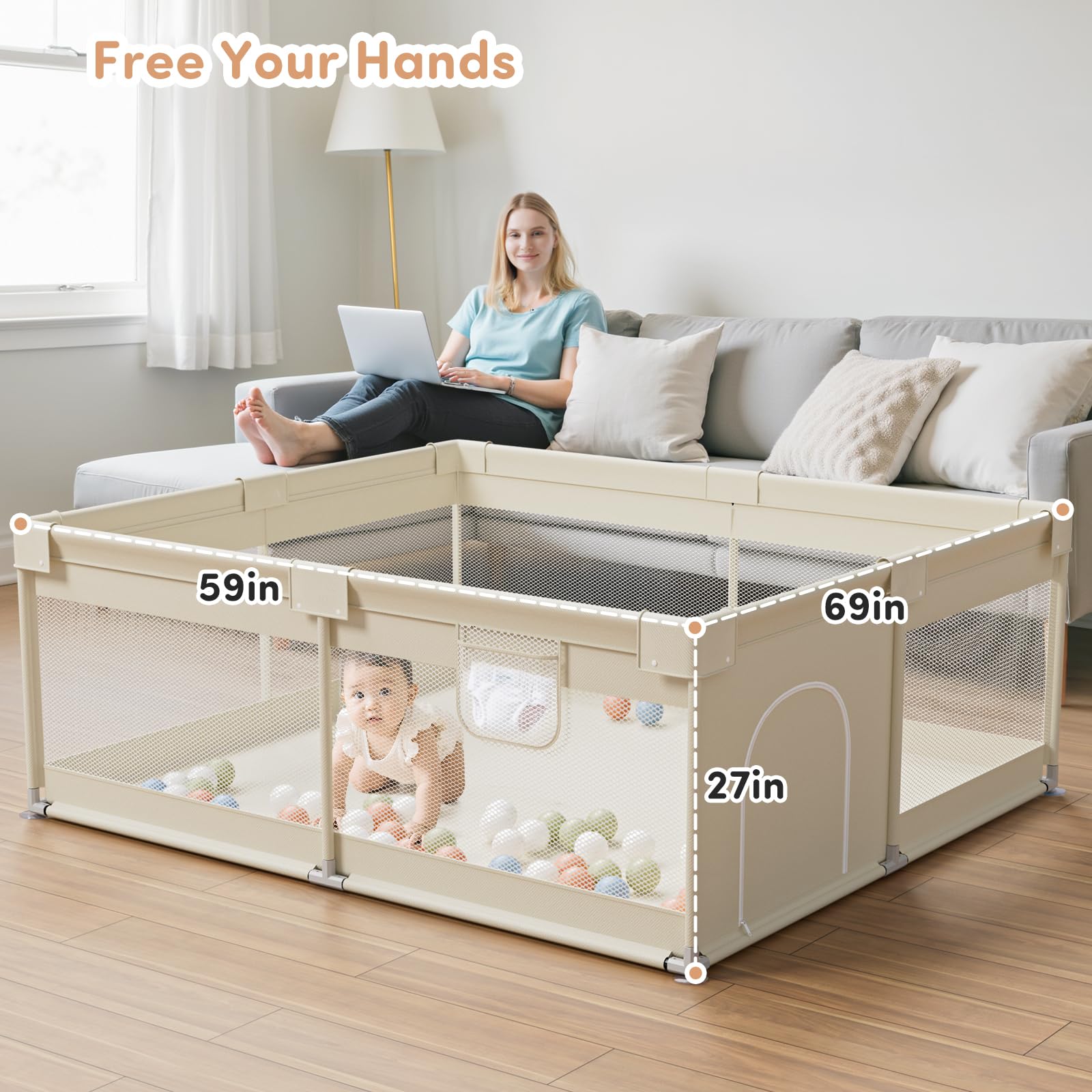 Box Bambini 175×150 cm – Recinto per Bambini Box Grande Recinto Gioco Bebe, ideale per uso interno, Beige