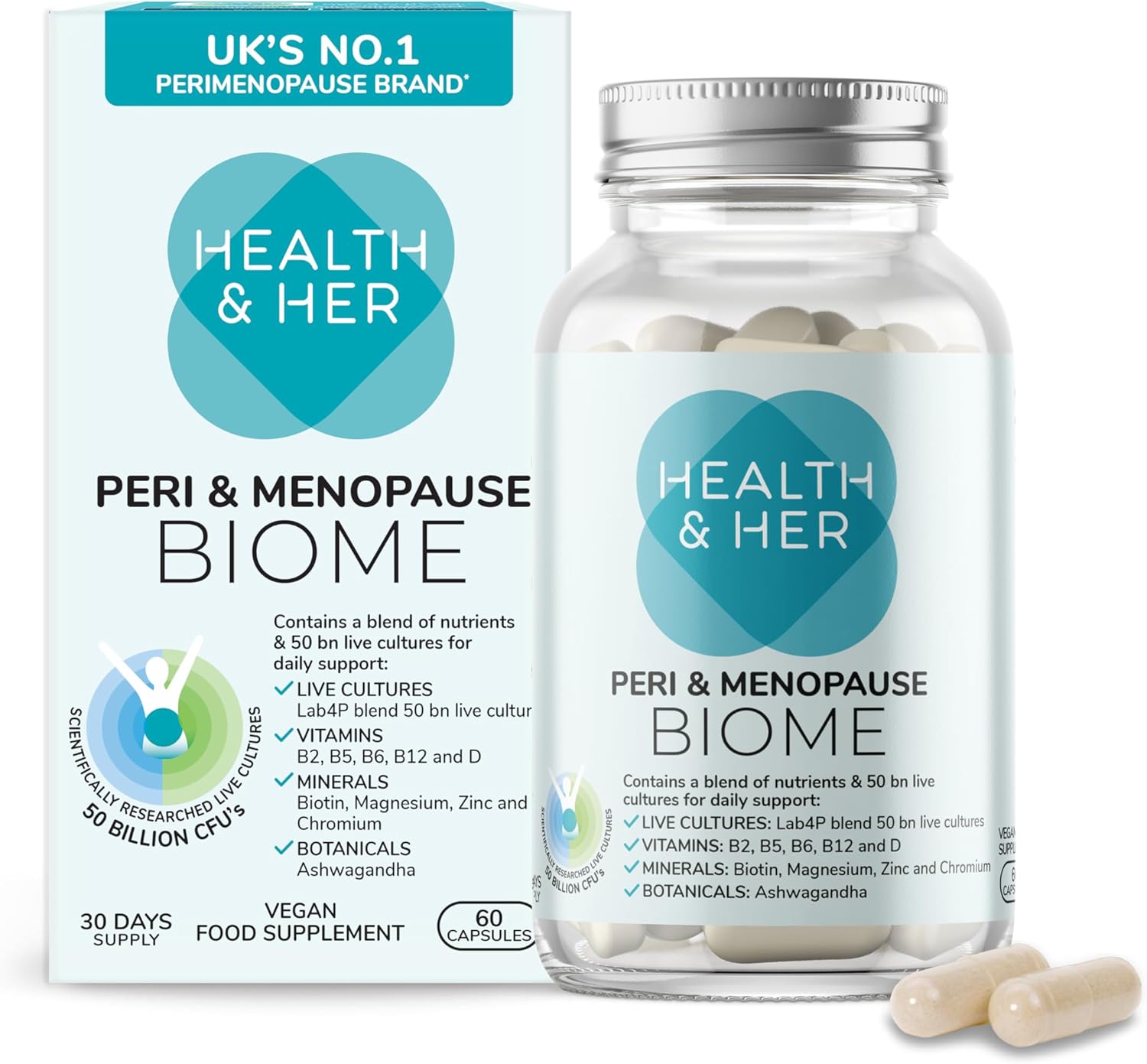 Health & Her Peri & Menopause Biome 50bn Live Cultures Supplements for Women – Ashwagandha, Magnesium, Zinc – 1 Month Supply, 60 Capsules – Phytoestrogen Free