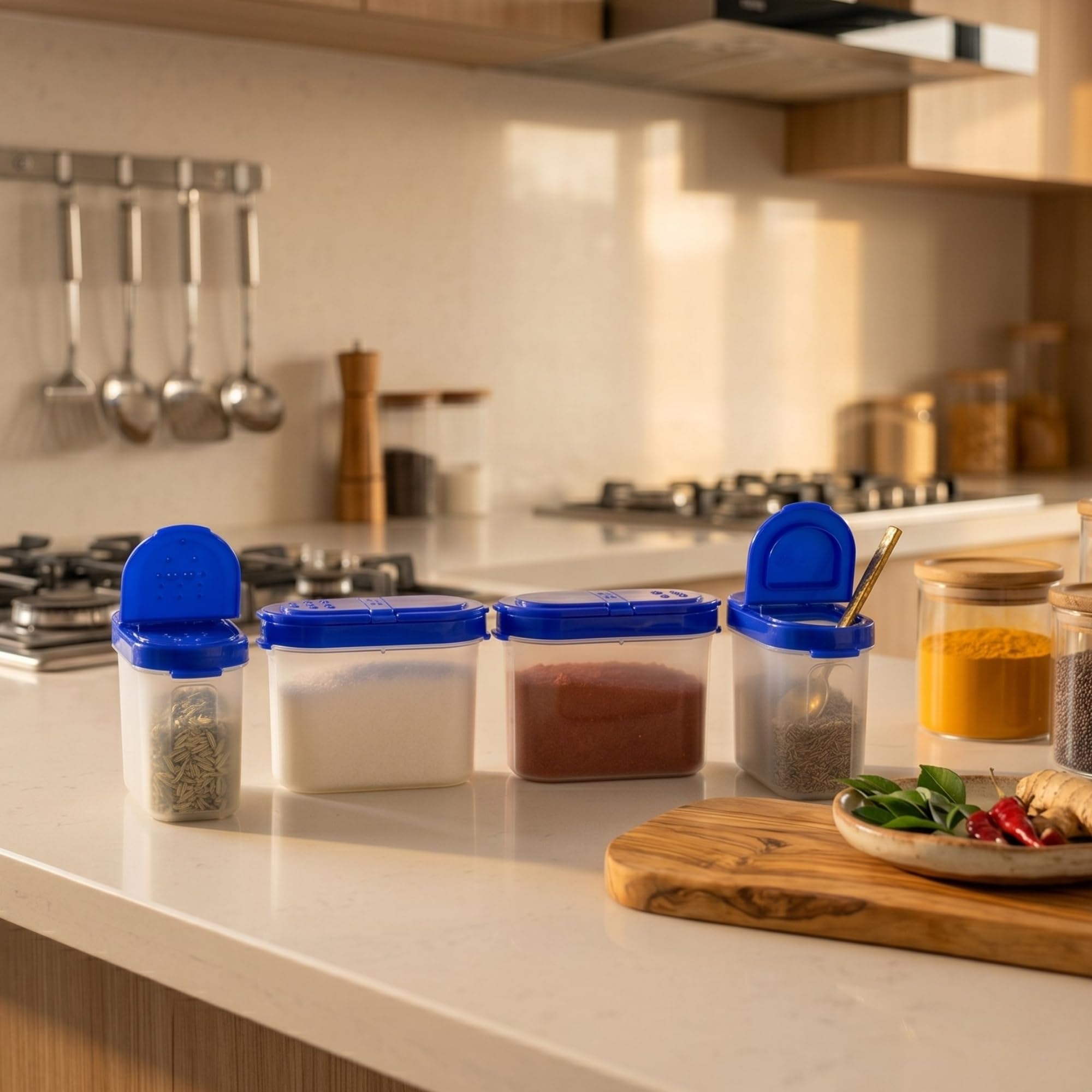 Mahaware Modular Wonder Spice Shaker and Sprinkler Set of 4 (150ml, Blue) – Durable Masala Containers for Kitchen Storage, Versatile Spices Dispenser & Seasoning Organiser
