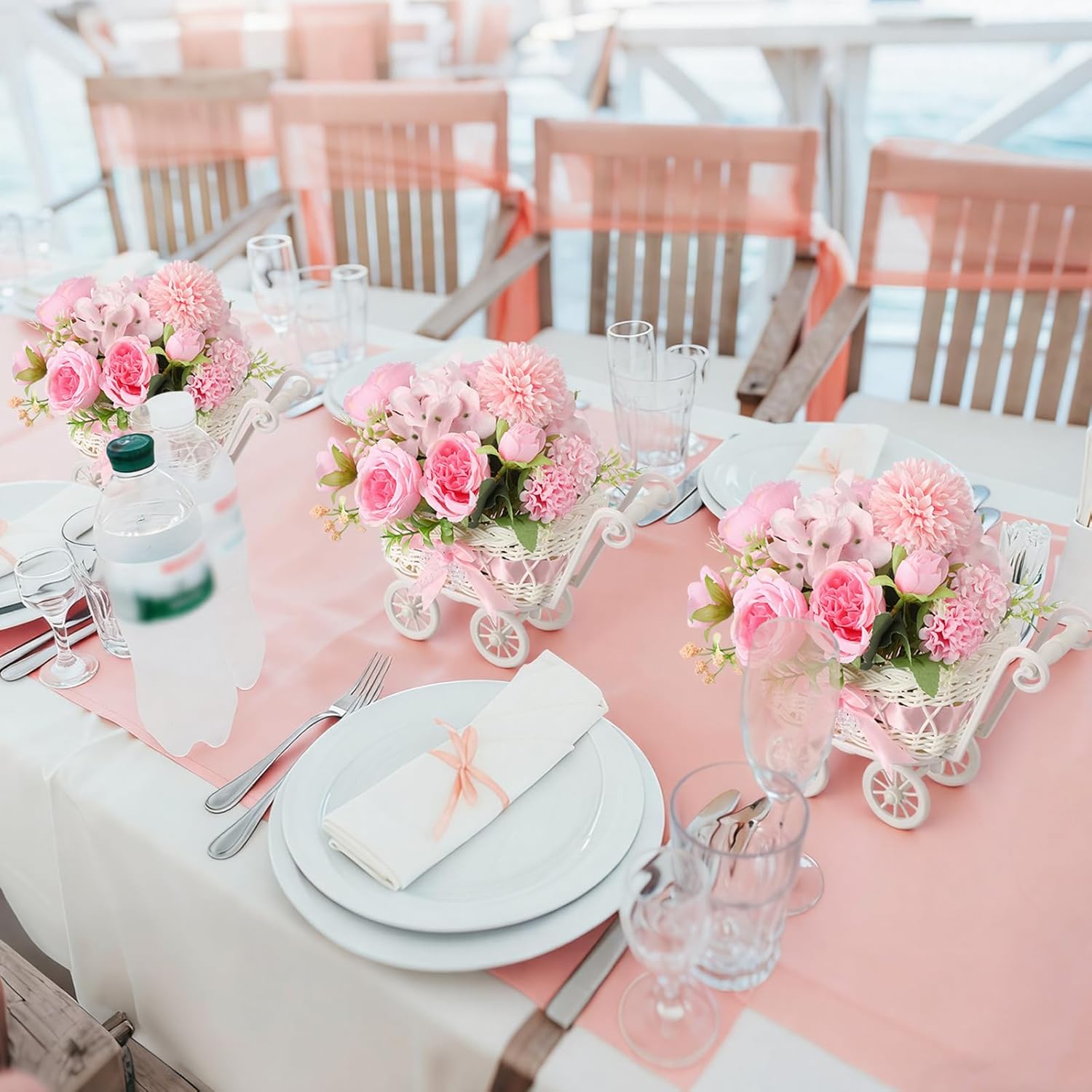 3 Pack Rattan Baby Carriage Floral Arrangement with Bouquet Baby Shower Table Centerpiece Stroller for Guests Gender Reveal Wedding Party Favor Gift and Souvenir(Pink)
