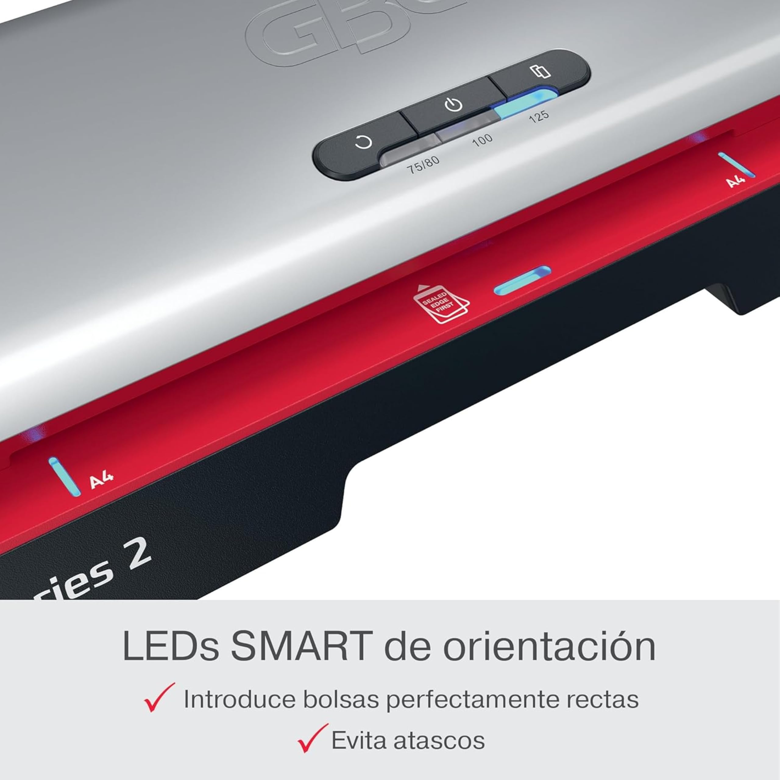 GBC 4410070EU - Plastificadora 250 Office A4, Calentamiento Rápido 1 Minuto, 75-125 Micras, LED de Guía de Entrada, Antiatascos, Apagado Automático, Incluye 5 Fundas de Plastificación A4, Negro/Rojo