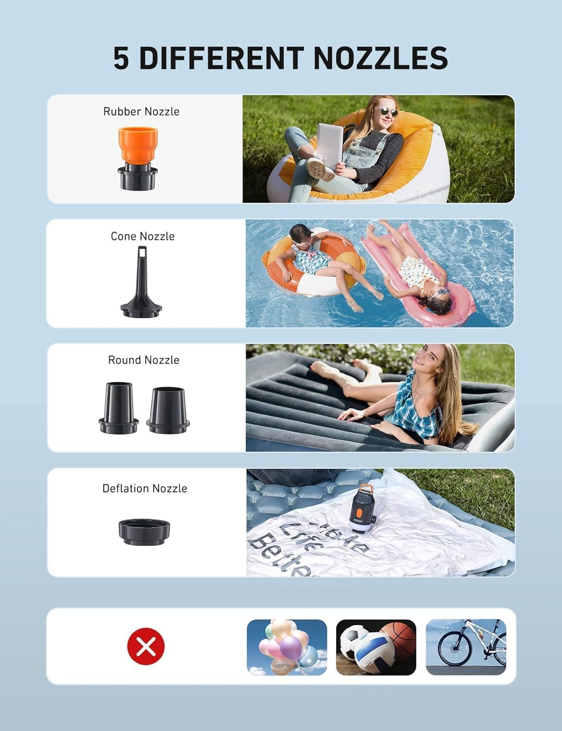 AstroAI Mini Air Pump for Inflatables with 3000mAh Battery Air Mattress Pump with Camping Lantern Electric Air Pump with 5 Nozzles Inflate & Deflate Air Mattress, Vacuum Storage Bags - Image 7