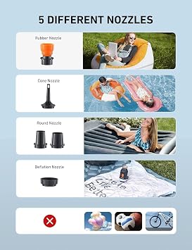 AstroAI Mini Air Pump for Inflatables with 3000mAh Battery Air Mattress Pump with Camping Lantern Electric Air Pump with 5 Nozzles Inflate & Deflate Air Mattress, Vacuum Storage Bags