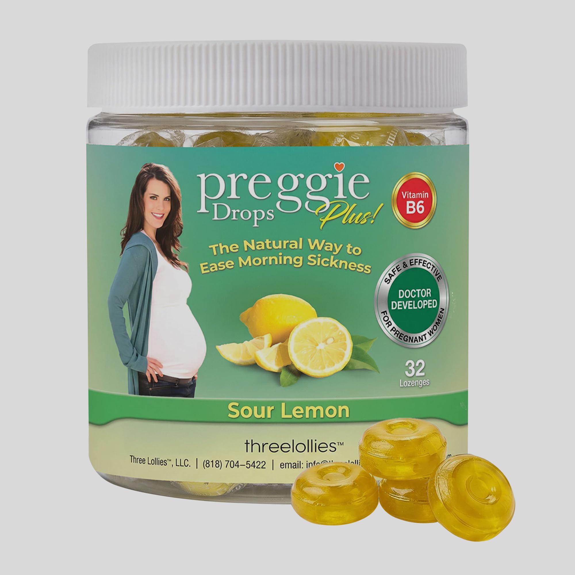 Three Lollies Preggie Pop Drops Pregnancy Candy, Sour Lemon, 32 Count