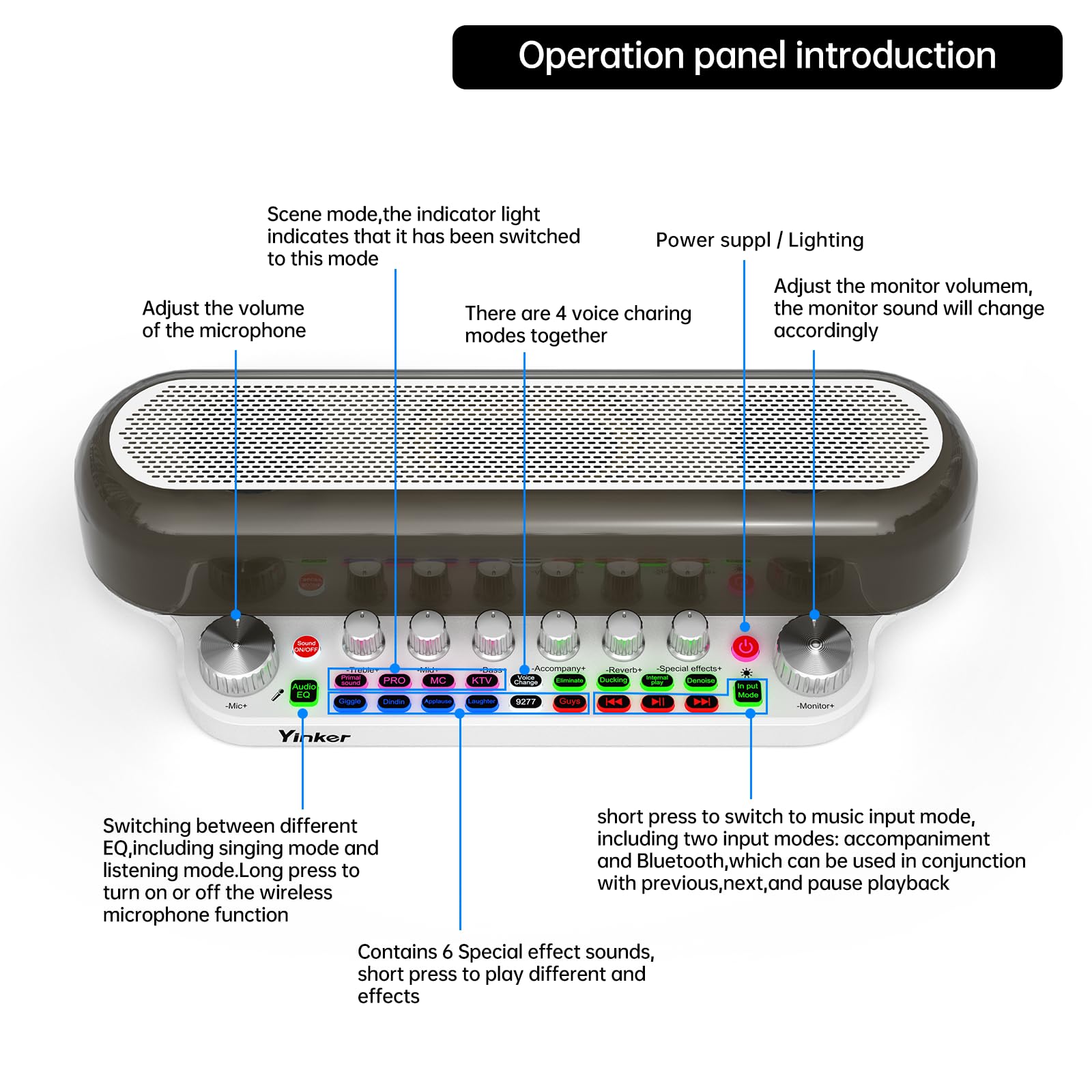 Macchina per karaoke con 2 microfoni wireless, scheda audio portatile Bluetooth Live con bassi/alti, effetti sonori, OTG, ingresso AUX per live streaming, feste in casa, all'aperto, regali