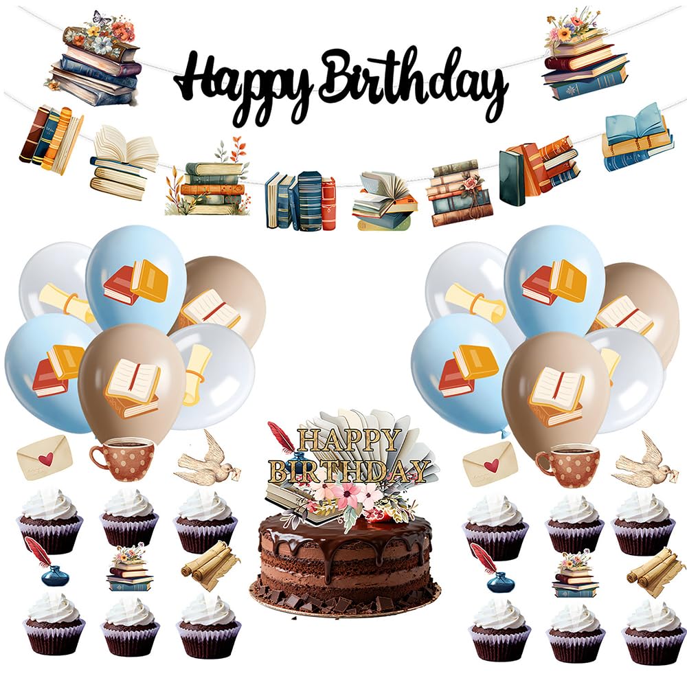 Party-Dekoration mit Buchmotiven, Buch-Geburtstagsparty-Zubehör, Banner, Luftballons, Kuchen-Cupcake-Topper, Buch-Club-Dekorationen