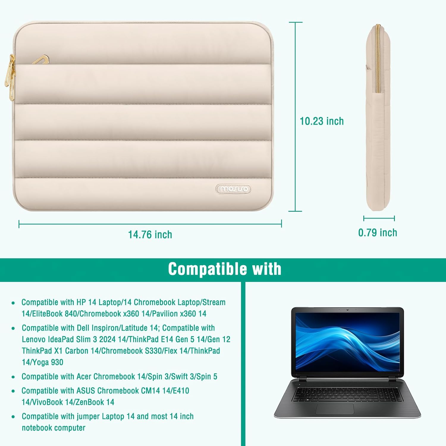 MOSISO Laptop Case 14 inch, 14 inch Puffy Laptop Sleeve Compatible with HP Lenovo Dell ASUS Acer, HP Stream, Dell Latitude, Lenovo IdeaPad, Polyester Horizontal Bag with Small Case, Sand - Image 9