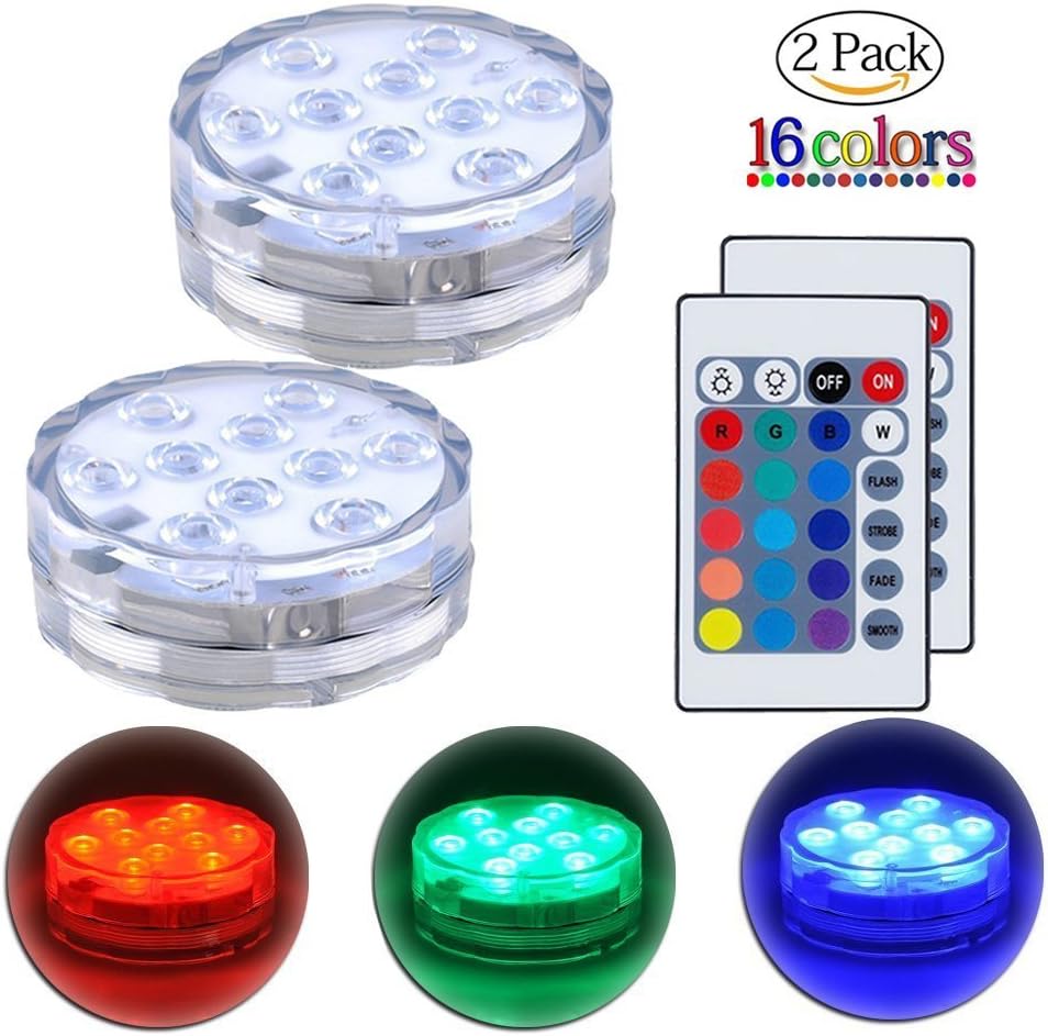 Submersible LED Lights Remote Control Underwater Battery Operated Light,10-LED Waterpoof MultiColor Lights for Wedding, Valentine's Day, Aquarium, Garden, Swimming Pool, Reusable Light 2Pack