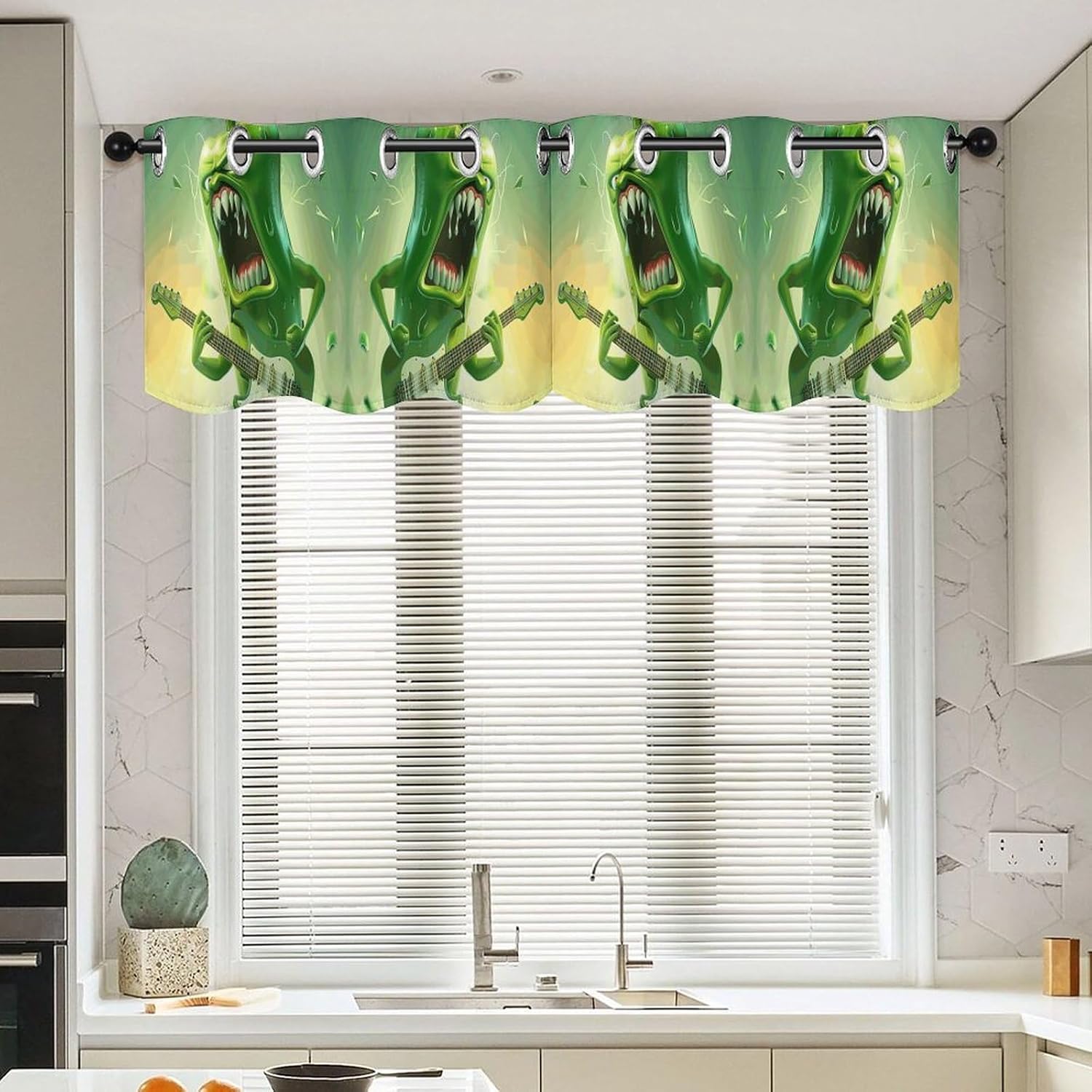 Green Pepper Plays Guitar Valance for Windows, 2 Pack Kitchen Curtains Modern Home Decor, Soft Blackout Window Curtains for Living Room & Bedroom, 18 X 52 Inch