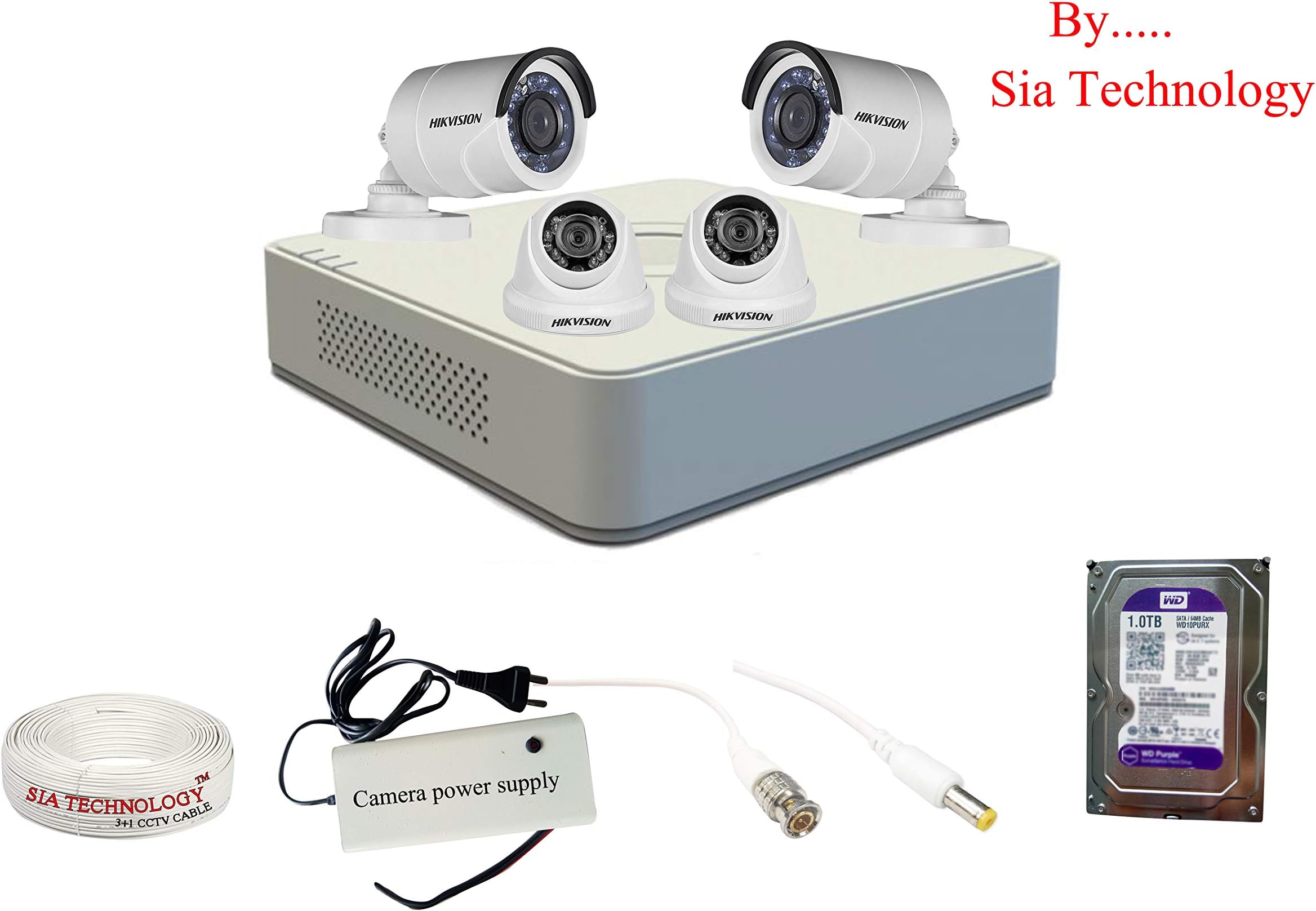 Sia Technology Hk Vision 4 Ch HD DVR & 2 Bullet 2 Dome HD Camera Combo kit, Include All Require Accessories