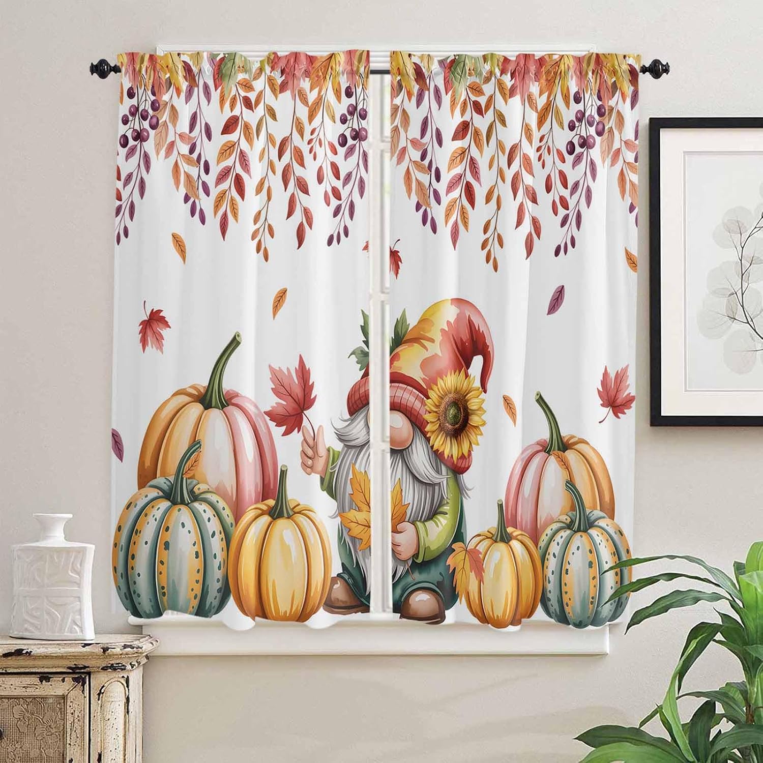Red Orange Gnomes Fall Kitchen Curtains, Pumpkins Thanksgiving Eucalyptus Leaves Light Filtering Window Curtain, 2Pcs Rod Pocket Window Treatments Set for Living Room Bathroom Bedroom 42x63 Inches