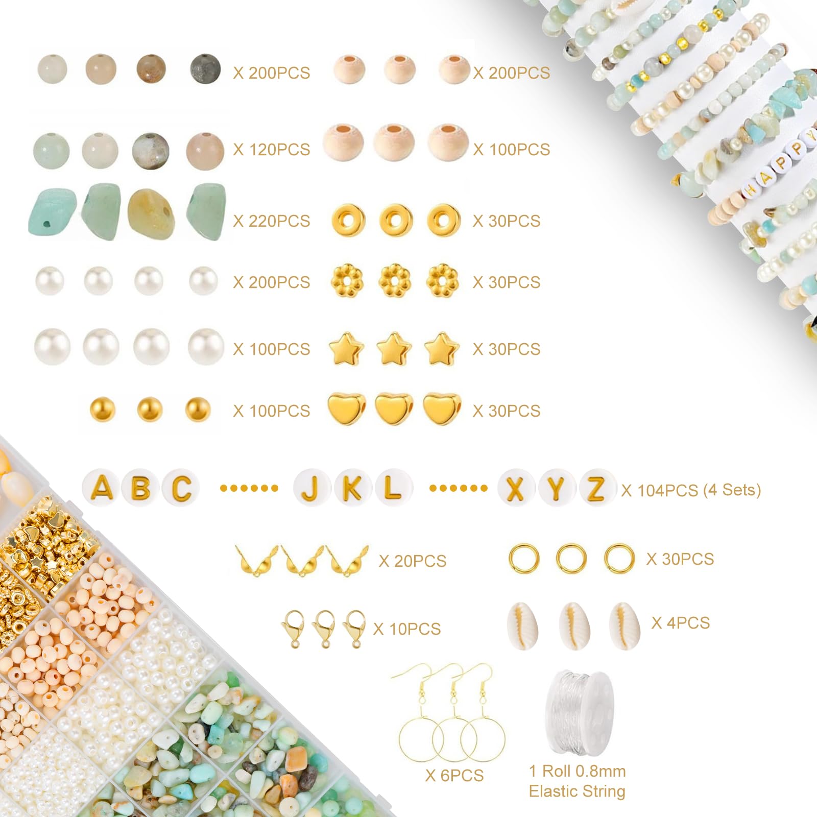 Kit de fabricación de pulseras de cuentas de cristal de piedra natural para hacer joyas, suministros con cuentas de letras, cuentas de madera, cuentas blancas, cuentas doradas para manualidades