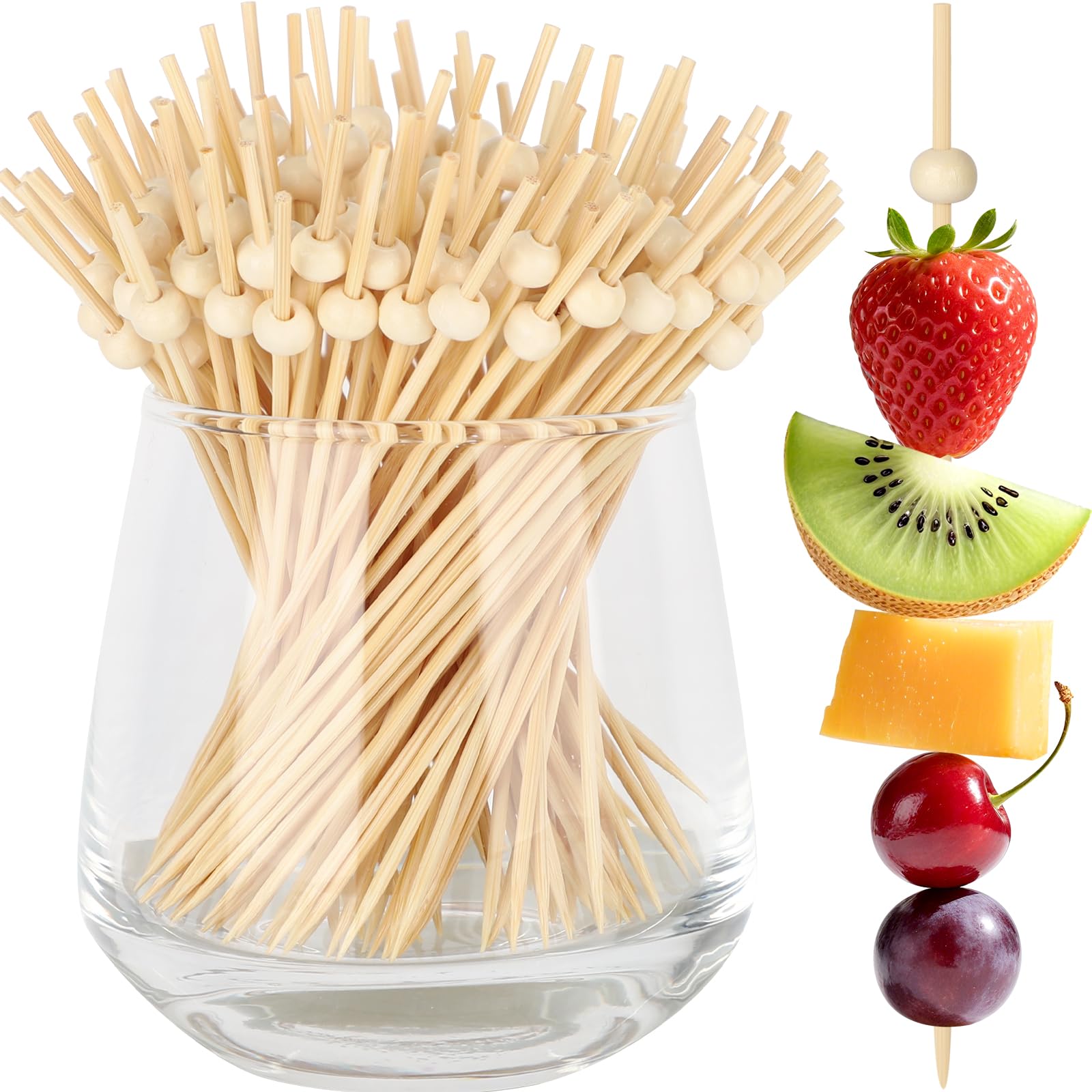 200PCS Cocktail Picks, Natural Wooden Ball Fancy Toothpicks for Appetizers, 4.7 Inch Long Bamboo Skewers Garnish Sticks for Food Drinks Sandwich Fruit