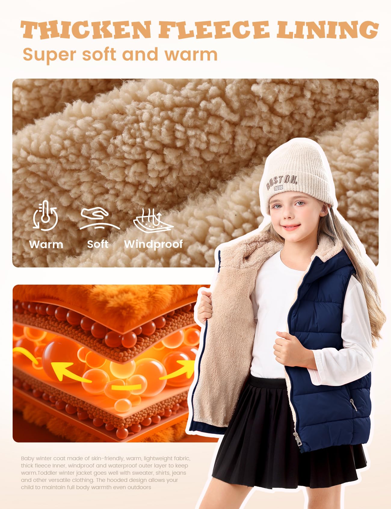 Yimoon Warme Pufferweste für Mädchen und Jungen, Kinder, mit Kapuze, Steppweste, Flanell, gefütterte Weste, Oberbekleidung