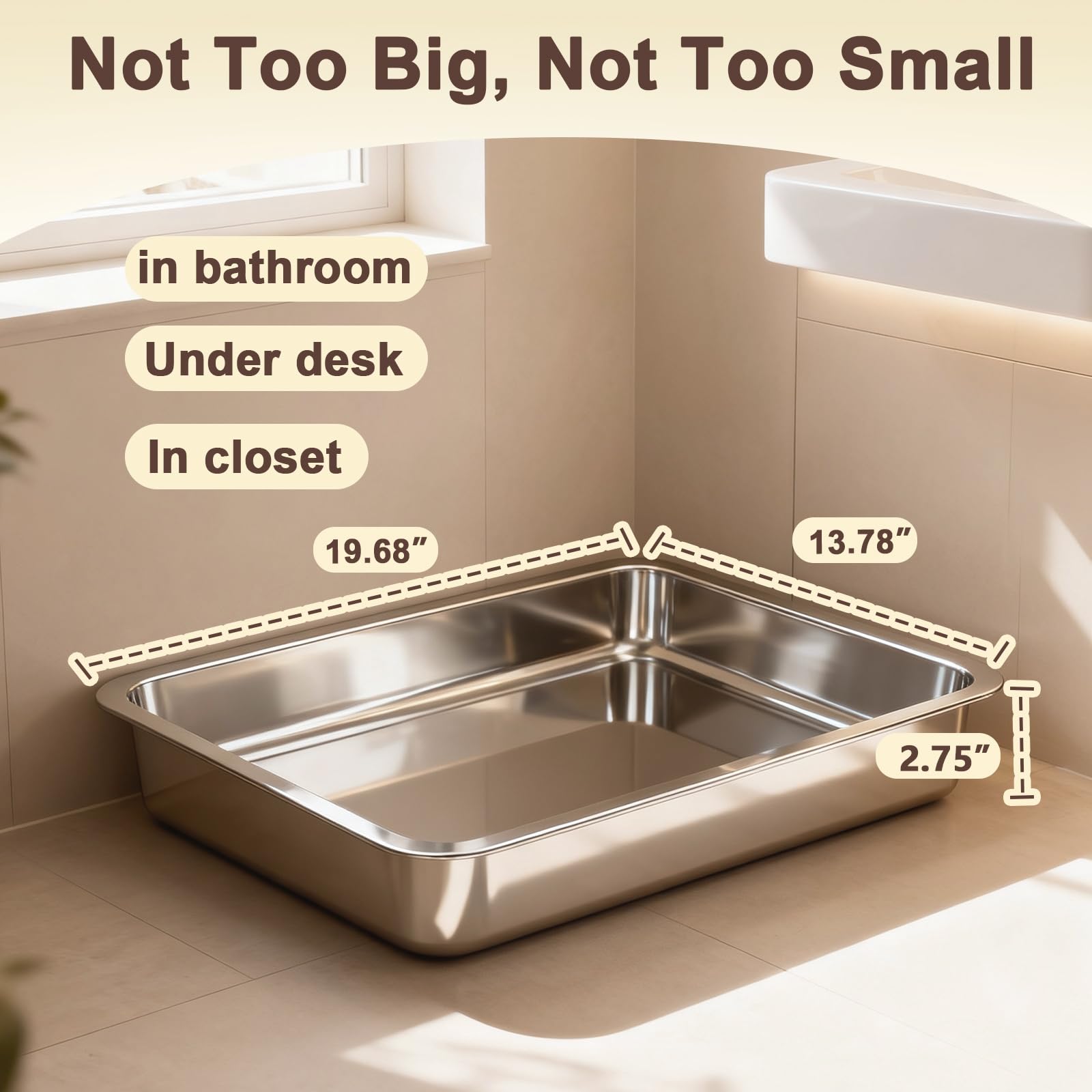 Lettiera per gatti anziani in acciaio inox, con ingresso basso, grande lettiera in metallo poco profonda, facile accesso, 40 cm x 35 cm x 7 cm (lunghezza x larghezza x altezza)