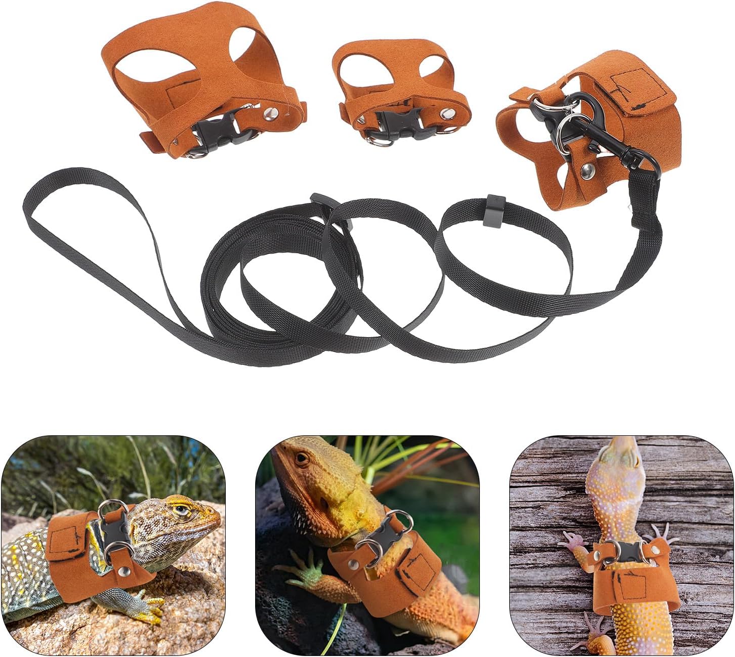 PRETYZOOM Reptile Harness and Leash Kit for Bearded Dragons and Small Animals, Outdoor Walking Training Set with Comfortable Brown Harnesses, 3 Vest Harnesses and 1 Leash for Lizards