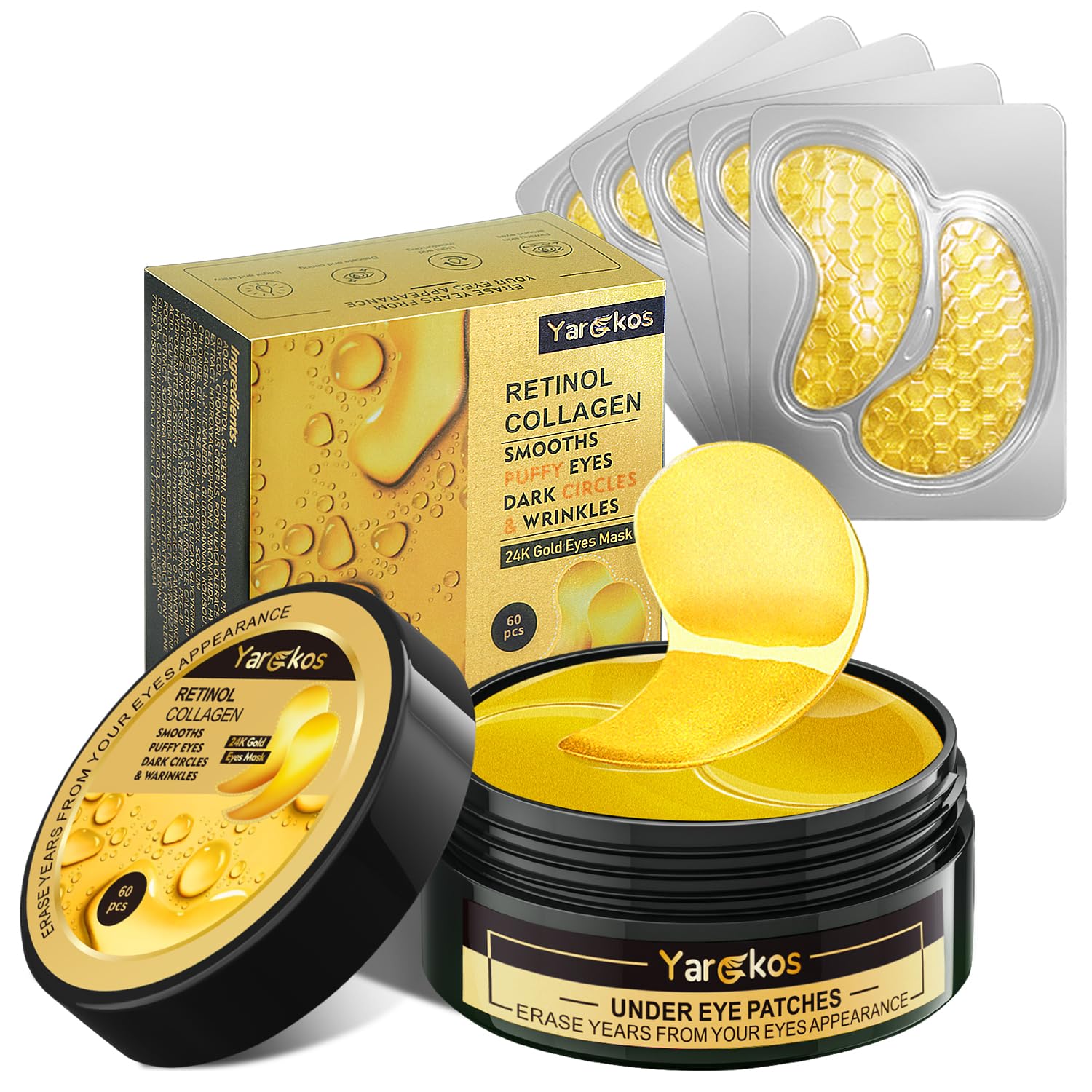 60 Pcs 24K Gold Under Eye Patches with 5 Pieces 24K Golden Travel Eye Mask