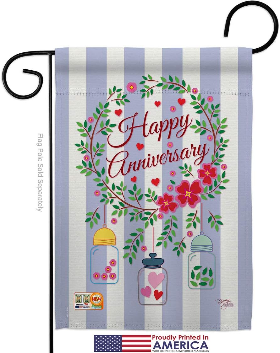 Happy Anniversary Garden Flag Set Wall Holder Celebration Couple Married Wedding Occasion Party Valentines Small Decorative Gift Yard House Banner Made In USA 13 X 18.5