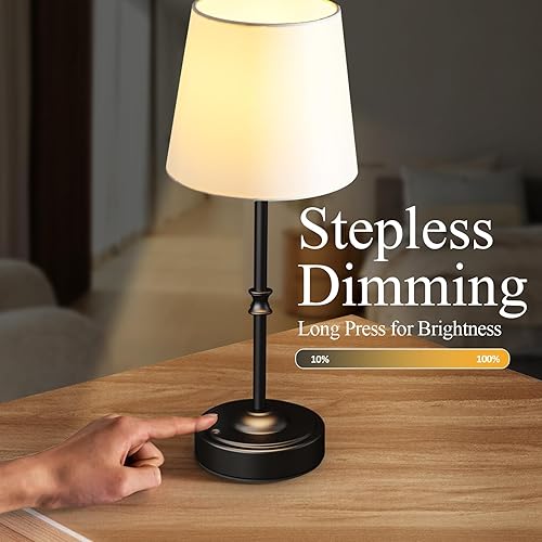 Miniatura 8 de AMFORPM Juego de 2 lámparas de mesa LED portátiles, lámpara de escritorio con pantalla de tela inalámbrica, lámpara de mesa con batería recargable,