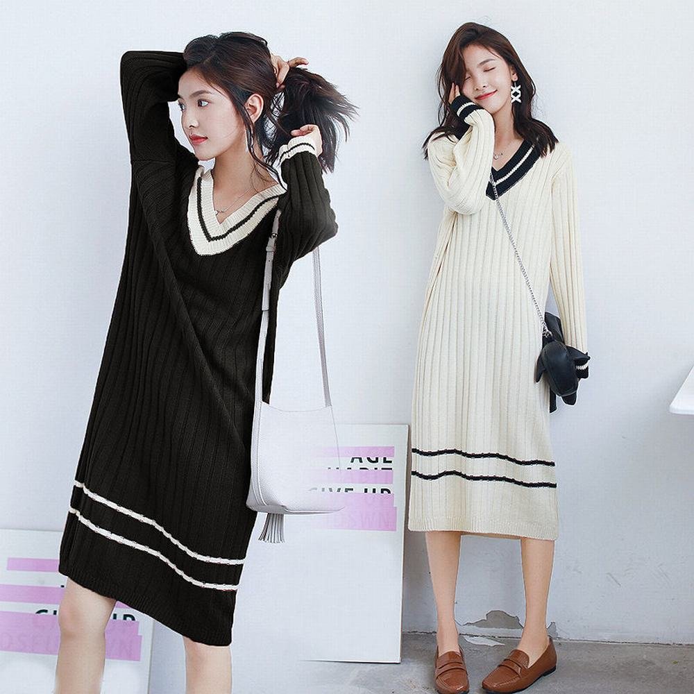 LQZ Set Di Maglioni da Donna Di Autunno e Inverno Del Collare V Nella Lunga Sezione Di Abito a Maniche Lunghe,Beige,Tutto il codice