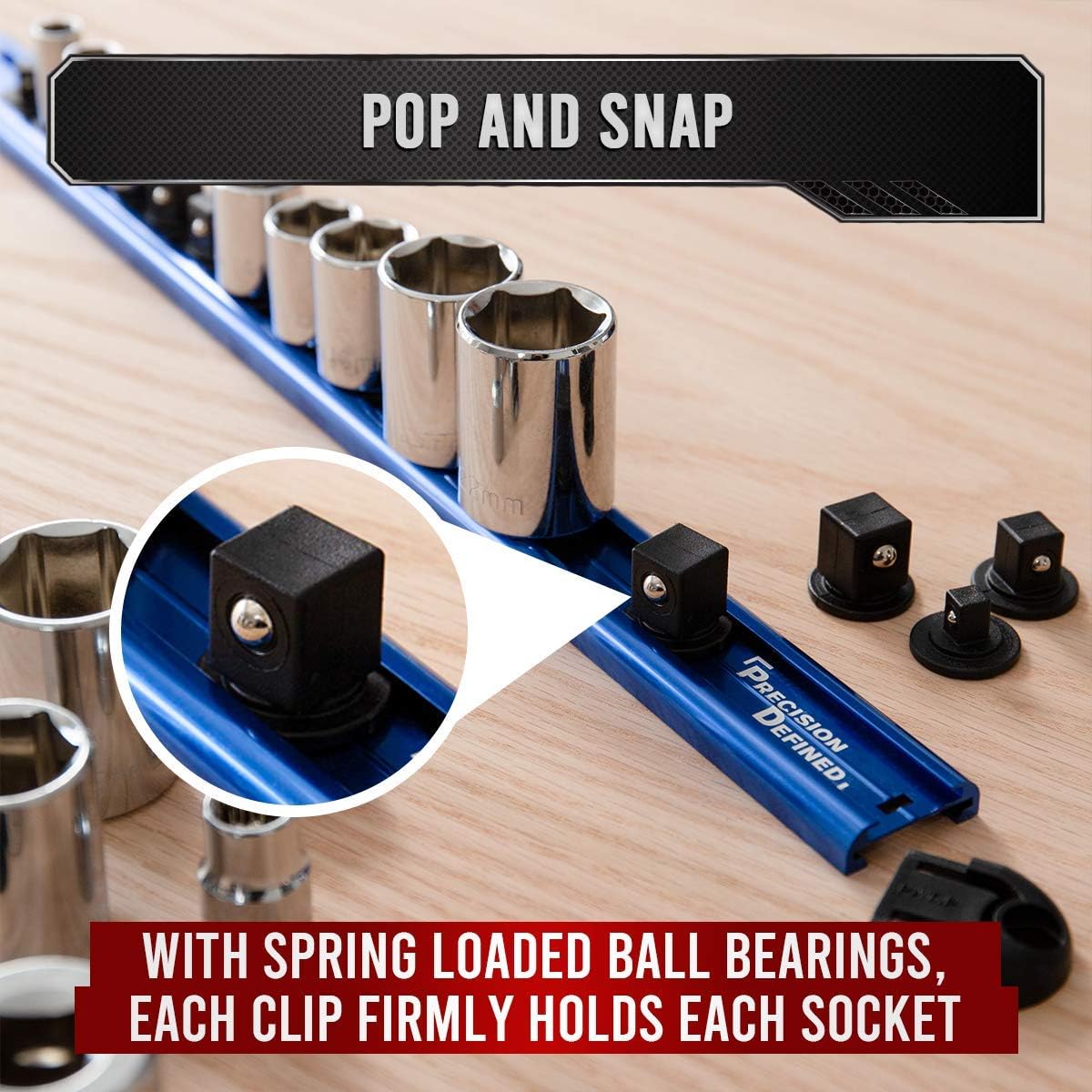 Precision Defined Aluminum Tool Socket Holder 3-Piece Set | Blue, 1/4-Inch x 16 Clips, 3/8-Inch x 16 Clips, 1/2-Inch x 14 Clips | 360 Rotation - Heavy Duty Socket Rails Organizer, Socket Storage