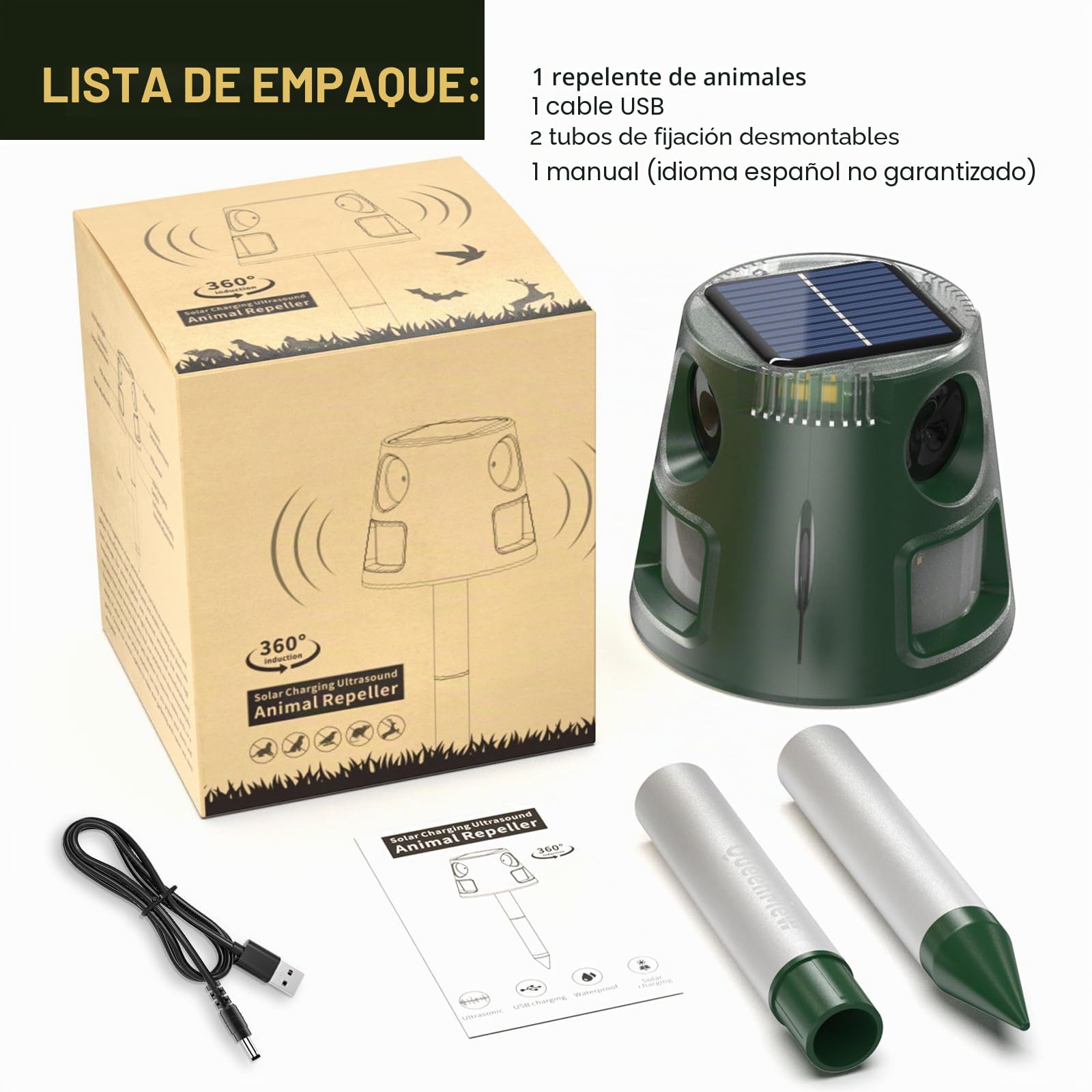 360° Solar Repelente Gatos, Ultrasónico Ahuyentador Pare Animales con Sensor de Movimiento y Luz Intermitente, 5 Modos Ahuyentador Impermeable para Exteriores para Ciervos Zorrillos Ardillas Conejos