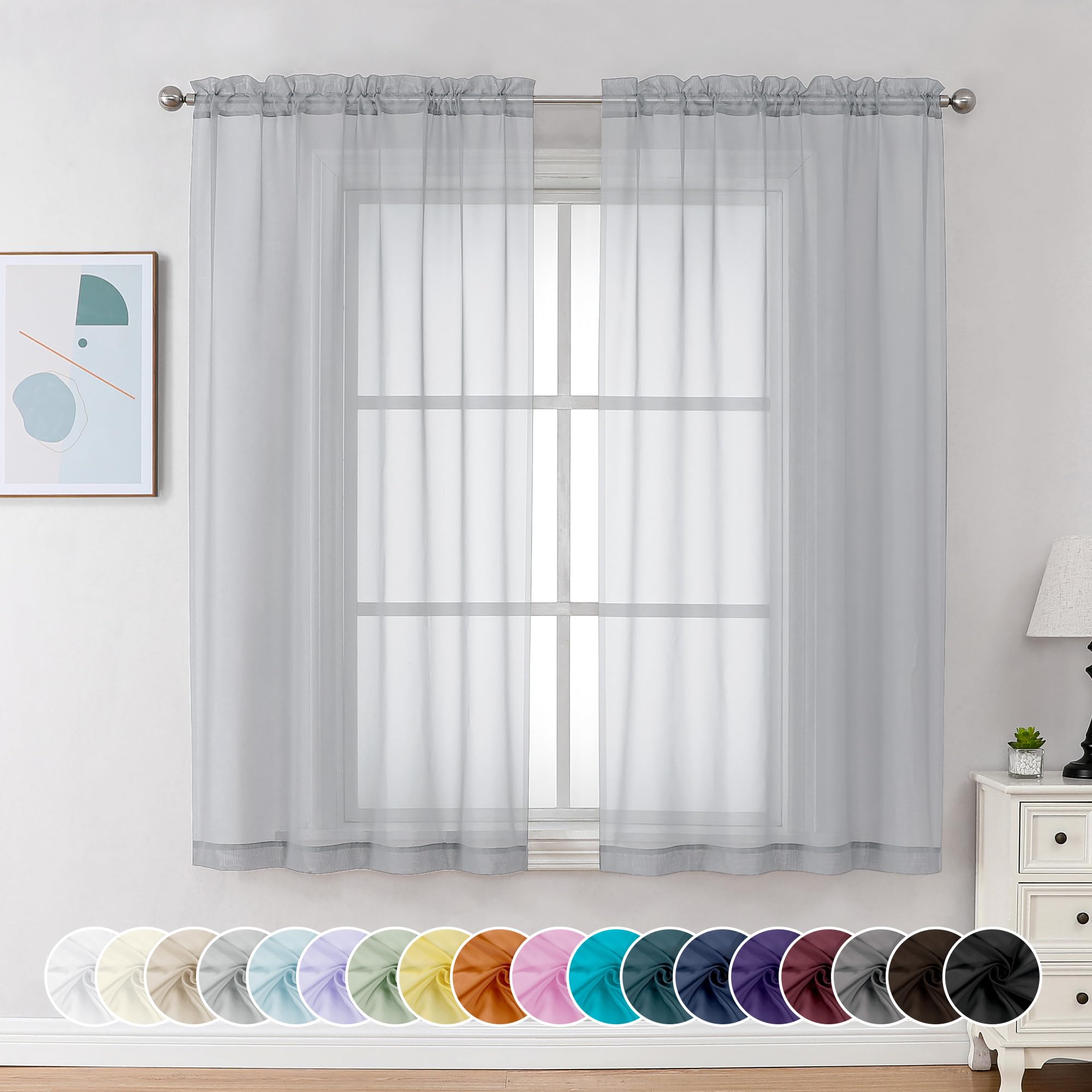 Chyhomenyc Light Grey Sheer Curtains 63 Inch Length 2 Panels, Light Filtering Airy Rod Pocket Window Curtain Treatment Drapes For Bedroom Living, Each 42Wx63l Inches