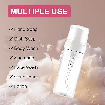 Foam Pump Bottle 1.7oz Travel Foaming Pump Bottle, TSA Approved, 4 Pack Mousse Foam Soap Dispenser Plastic Mini Empty Refillable Containers for Shampoo, Shower Gel, Hand Soap, Facial Cleanser