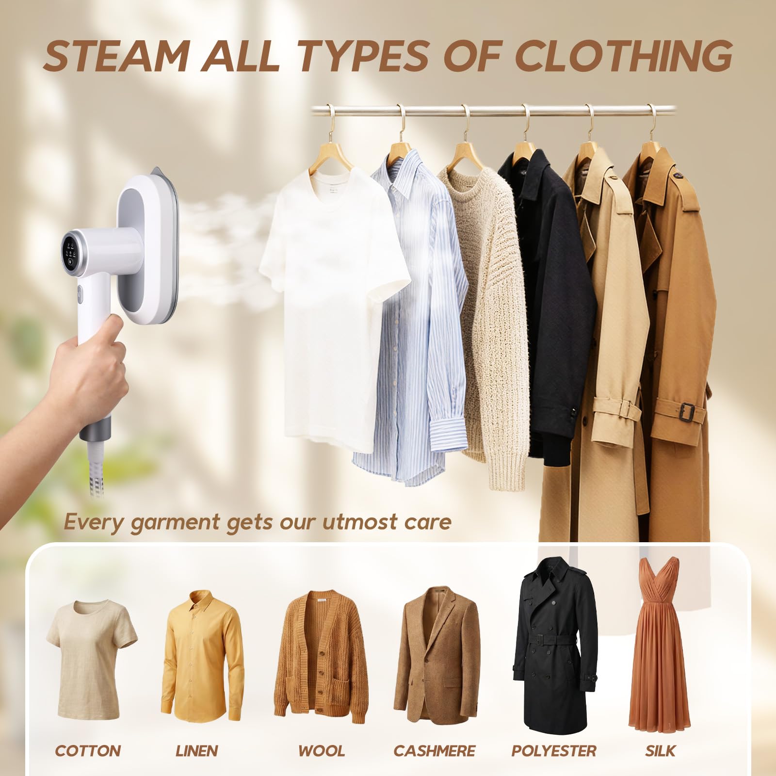 2 In 1 Steamer for Clothes:1550W Powerful Steamer with 1100ml Detachable Tank, 30s Fast Heat-Up, Horizontal & Vertical Use, Portable Wrinkle Remover for Clothes Drapes Bedding (White) image 4