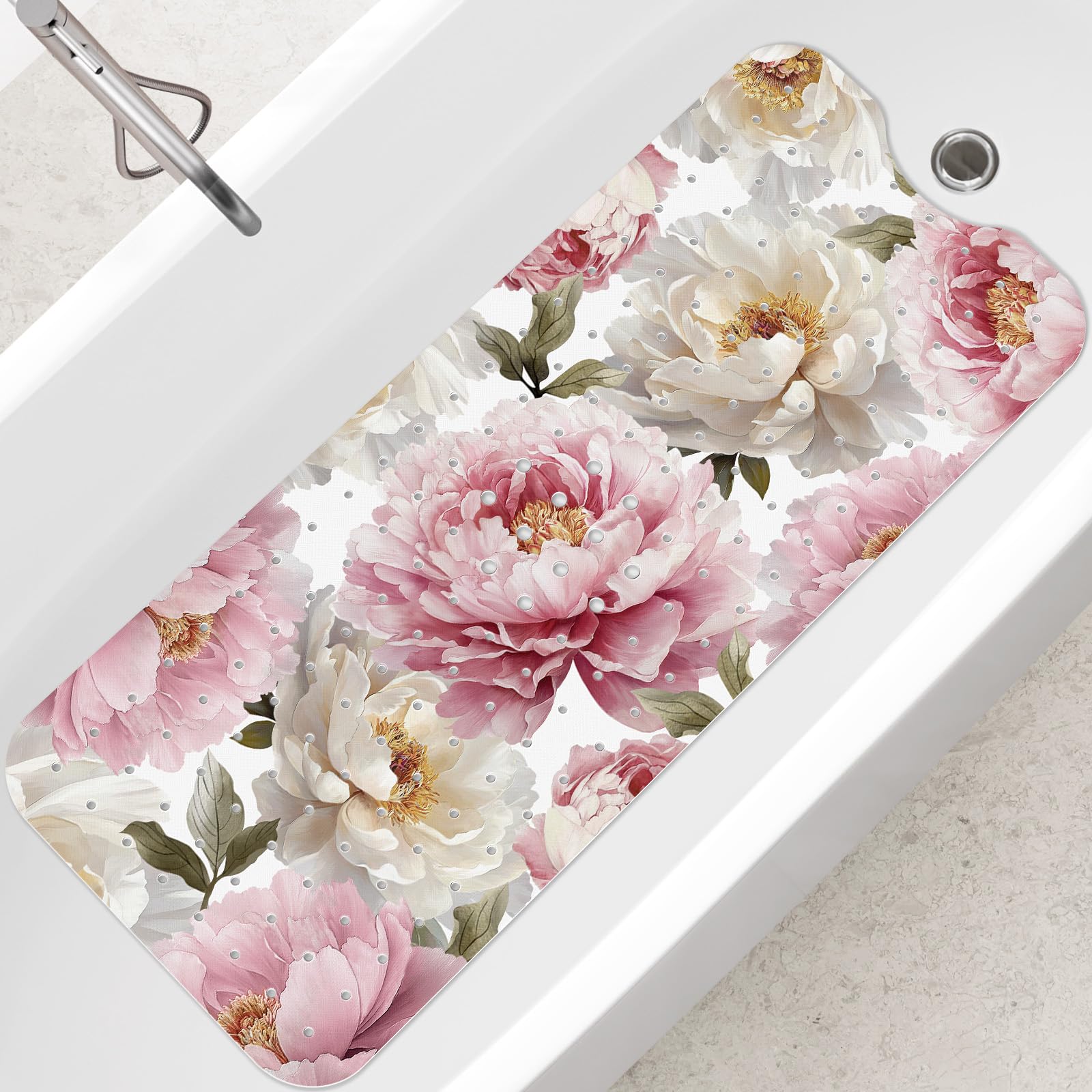 SHUCHING Tappetino Vasca Antiscivolo, Tappetino Doccia Antiscivolo Lungo 100x40cm, Tappeto Vasca da Bagno Antimuffa e Lavabile in Lavatrice, Peonie Vintage