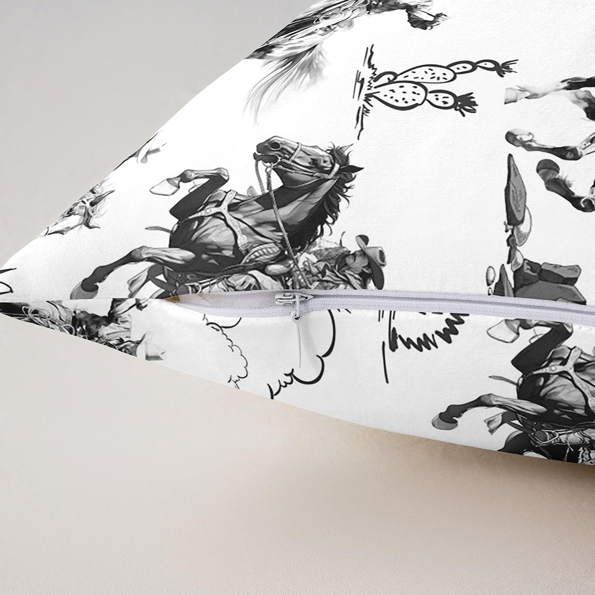 Western Pillow Covers for Couch Sofa Bed,Vintage Country Decor Cowboy Horse Pillow Cases Cushion Covers 24"x24" Set of 2,Black White Print Desert Cactus Square Cushion Cases Set for Bedroom