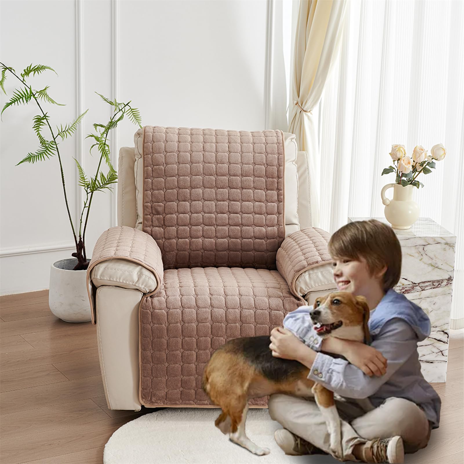 Funda de Reposabrazos de Sofá de Felpa Cuadrada de Invierno para 1 2 O 3 Plazas Funda para Sillón Reclinable Protector Antideslizante para Muebles para Mascotas (Caqui 167 X 190 Cm)