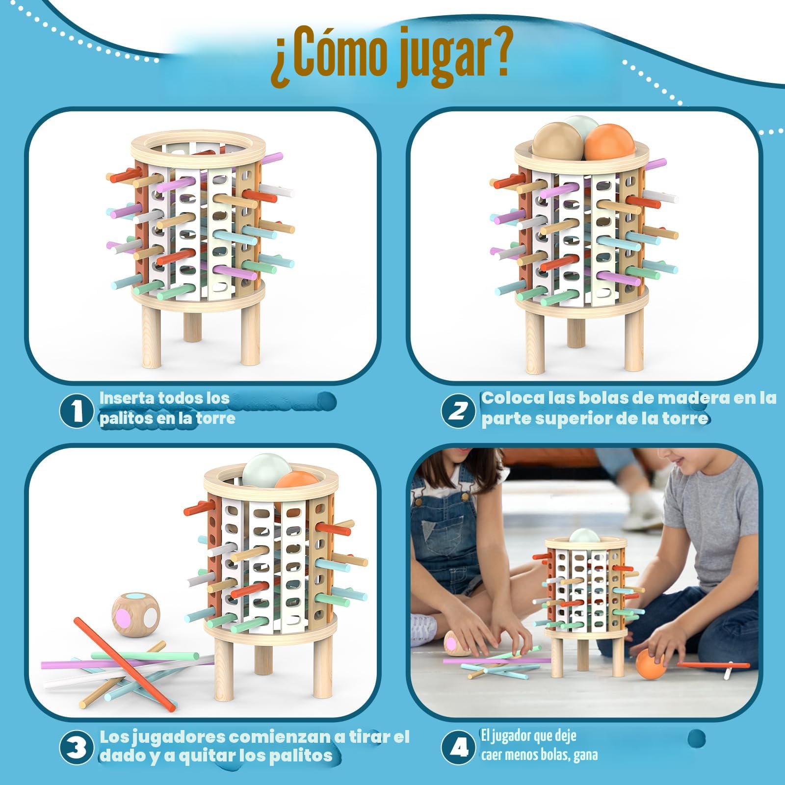 Montessori Juguetes con 28 Palitos de Coloridos Juegos de Mesa Niños Niñas 3 4 5 6 7 8 9 10 11 12 Años Regalo, Juego Educativo Familiar para Cognición y Habilidades Motoras Finas Torre de Madera