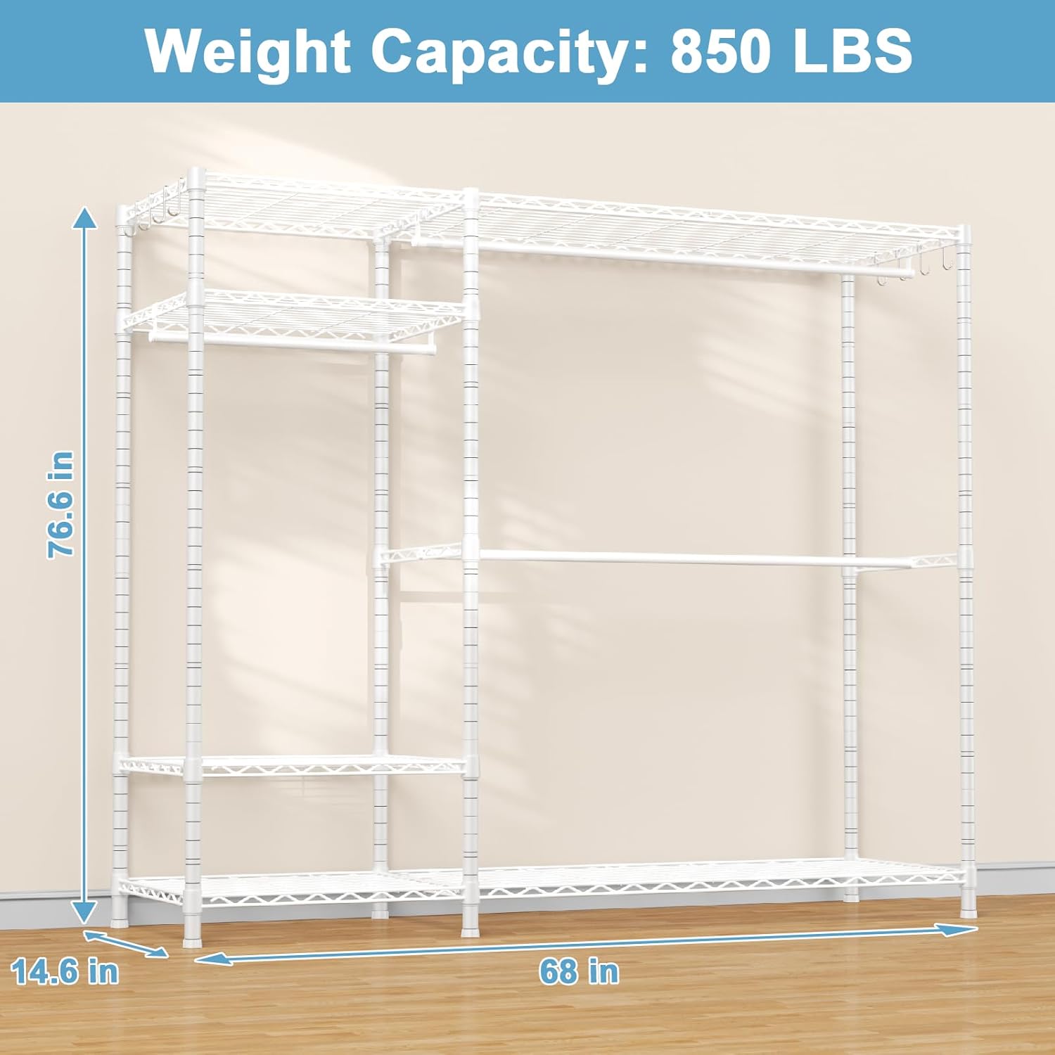 Ulif F7 Plus Garment Rack, Heavy Duty Clothes Rack, Clothing Racks for Hanging Clothes, 6-Tiers Freestanding Portable Closet Storage Rack 68'' W × 14.6'' D × 76.6'' H, Max Load 850 Lbs, White