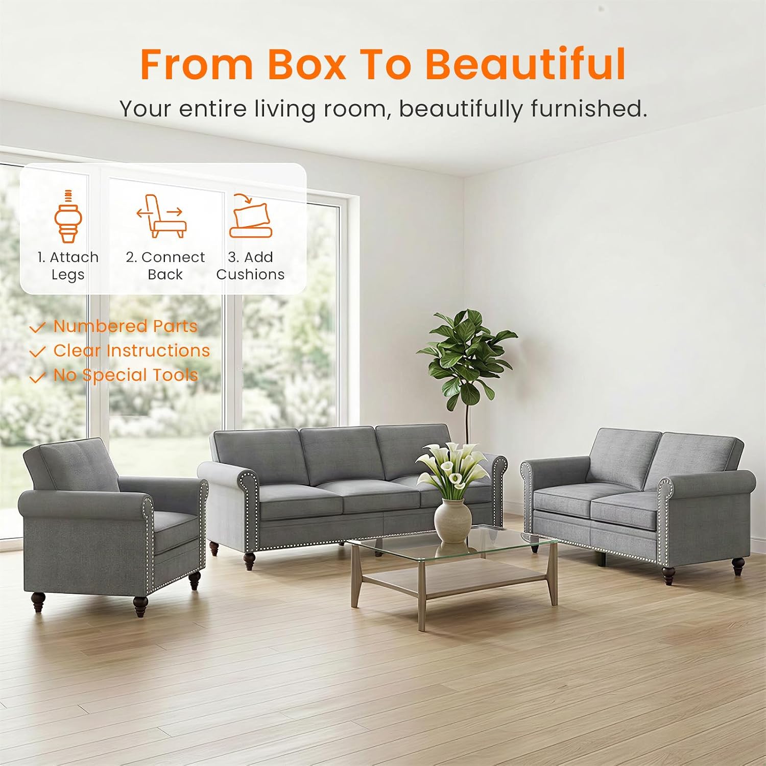 Living Room Sofa Sets 3 Piece, Modern 3 Seater Sofa and Loveseat Couch and Armchair Sets, Linen Fabric 3-Seat + 2-Seat Couch+ Single Accent Chair Furniture Sets