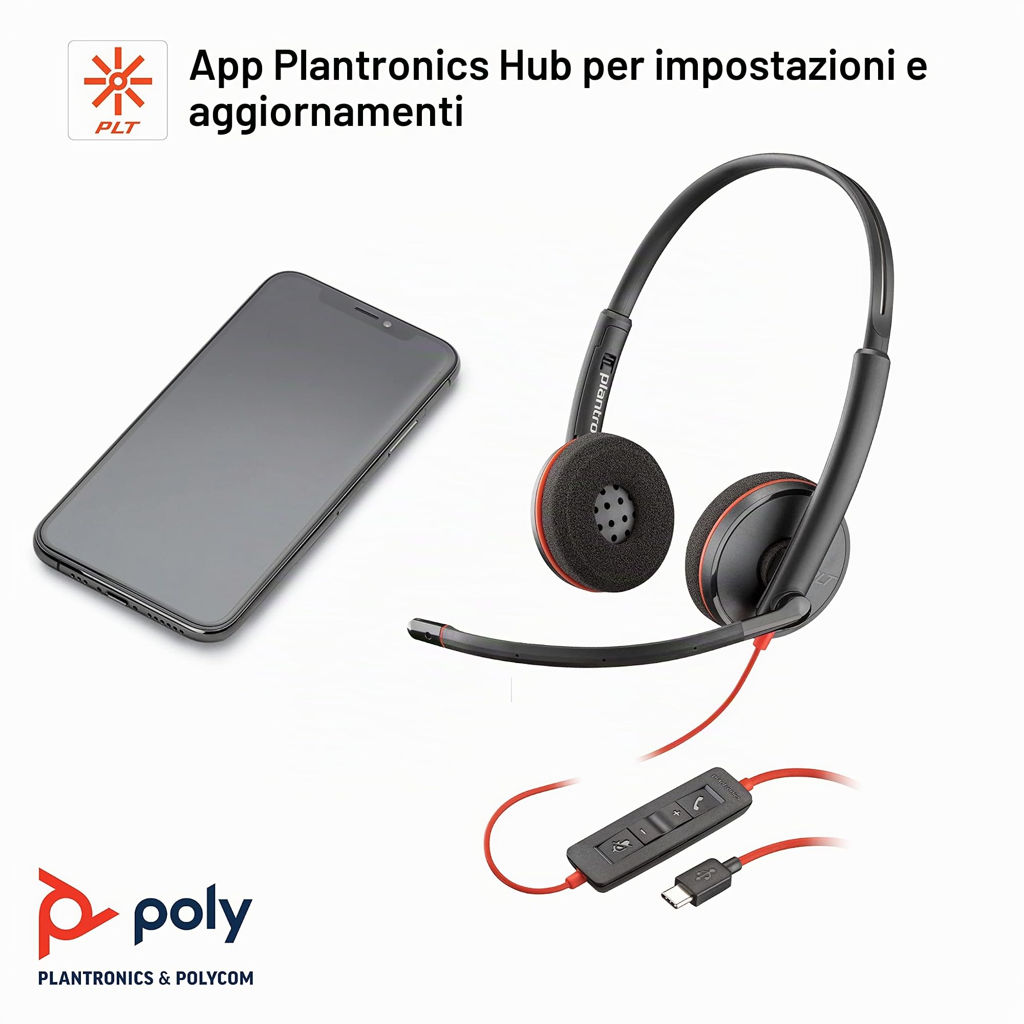Plantronics - Blackwire 3220 - Cuffie cablate a doppio orecchio (stereo) con microfono a braccio - USB-C per la connessione a PC o Mac