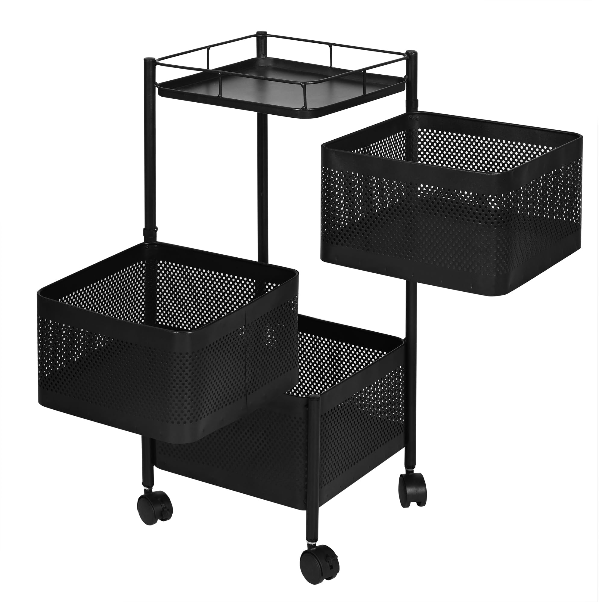 Carro auxiliar metálico con ruedas y cestas plegables ahorra espacio | Carrito cocina verdulero frutero | Estantería organizador de metal gran capacidad y bandeja superior | Estante cocina