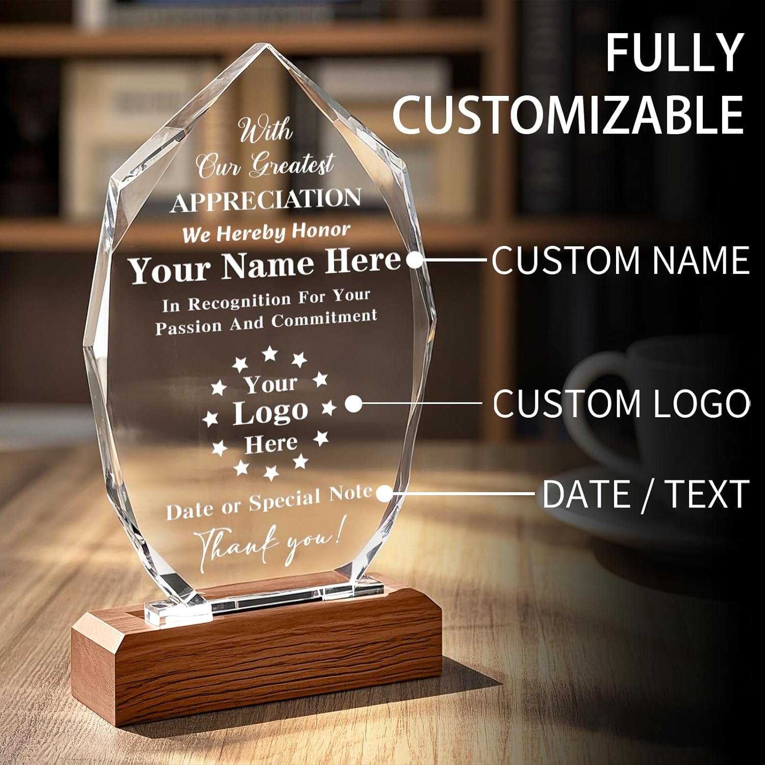 Custom Crystal Trophy Award with Wood Base, Personalized Engraved Text and Logo on Glass Plaque, Appreciation Gift for Employees, Boss, Manager, Retirement, Sports Recognition