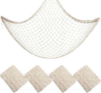 4PCS Natural Cotton Hawaiian Fish Net Decorations, Nautical Themed Cotton Fishnet Party Decor, Fishnet Fabric Wall Hanging for Ocean Theme Party