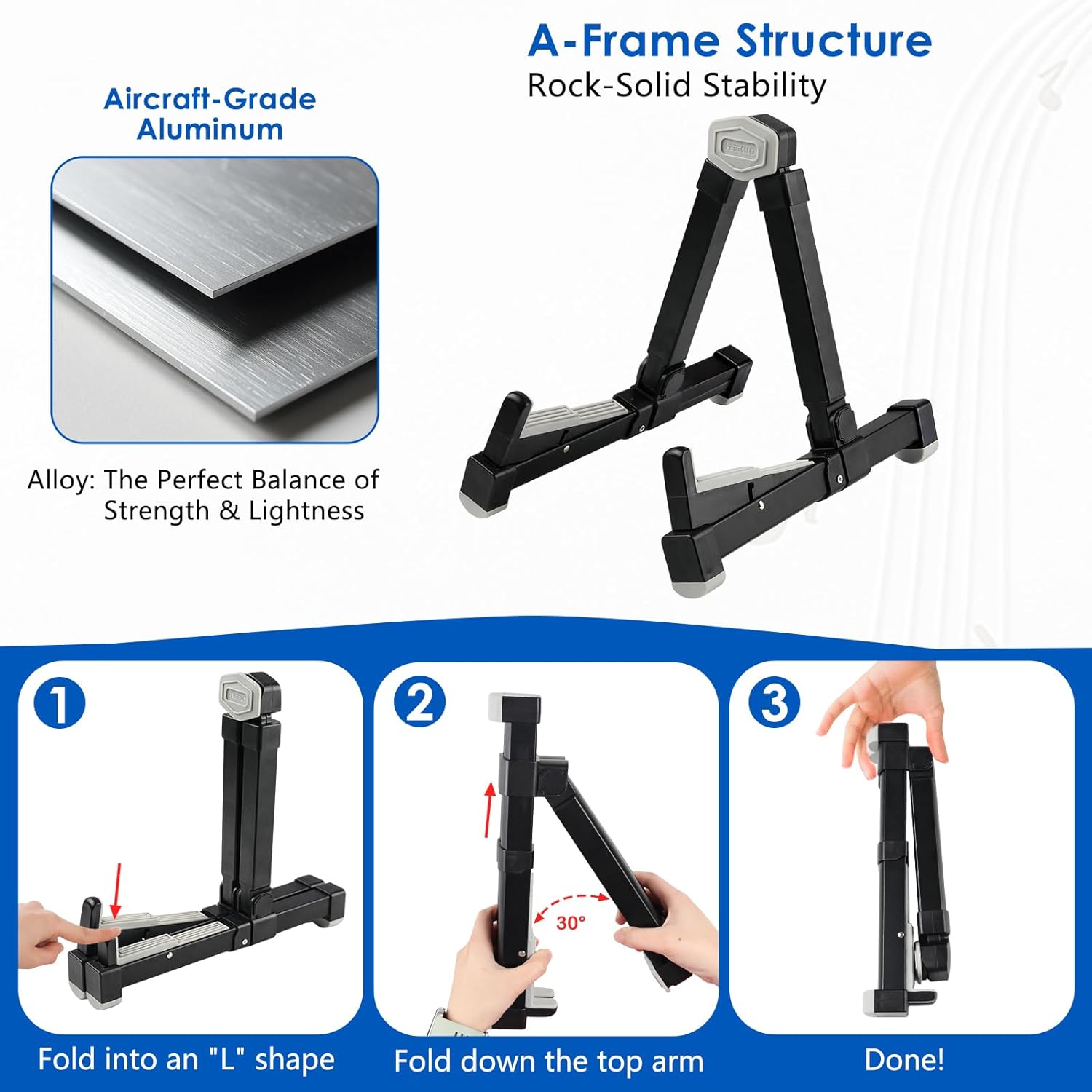 Guitar Stand, Aluminum Alloy Folding Guitar Stands, Portable A-Frame Stable Musical Instrument Support Holder, Universal for Acoustic Electric Guitar, Ukulele, Bass, Banjo, - Black