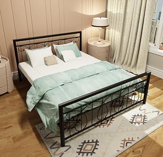 Metal Platform Queen Size Bed Frame with Headboard and Footboard, Heavy Duty Mattress Foundation – No Plywood Needed, Noise Free Black