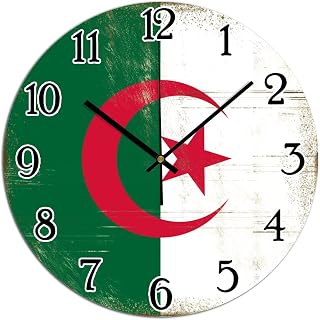 Algeria Flag Round Clock Country Souvenir Algeria PVC Art Clock Battery Operated Rustic Farmhouse Clocks for Wall for Dinning Living Room 12x12in Housewarming Gift to Friend