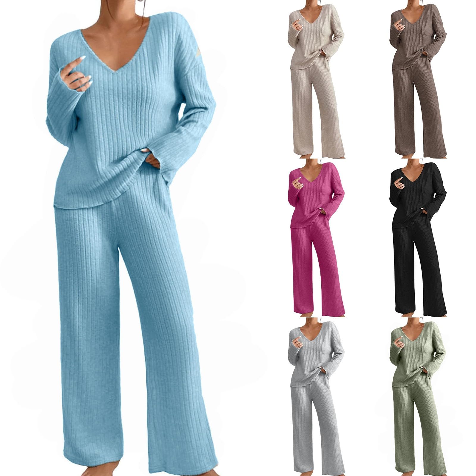 Produktbild von Becotal Schlafanzug Damen Lang, Pyjama Set Winter, Zweiteiler Hausanzug Baumwolle, Rippen Einfarbig Loungewear, Nachtwaesche Warmer, Gerippt Sleepwear, Freizeit Outfit 2 Teiler Set 2533060880