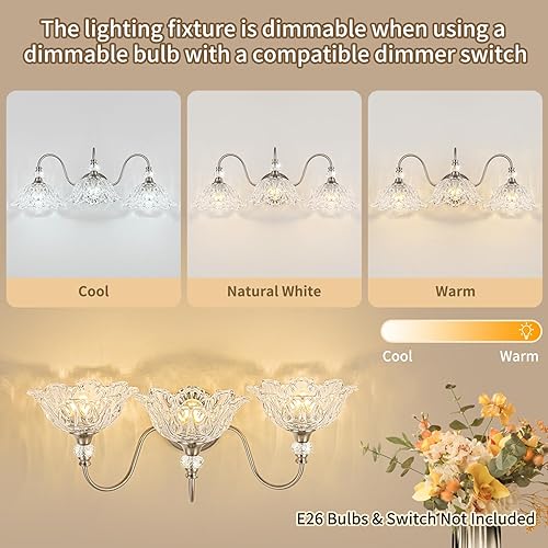 Miniatura 4 de Lámpara de tocador de baño de 3 luces de níquel cepillado con pantallas de vidrio transparente floral, iluminación de montaje en pared de níquel