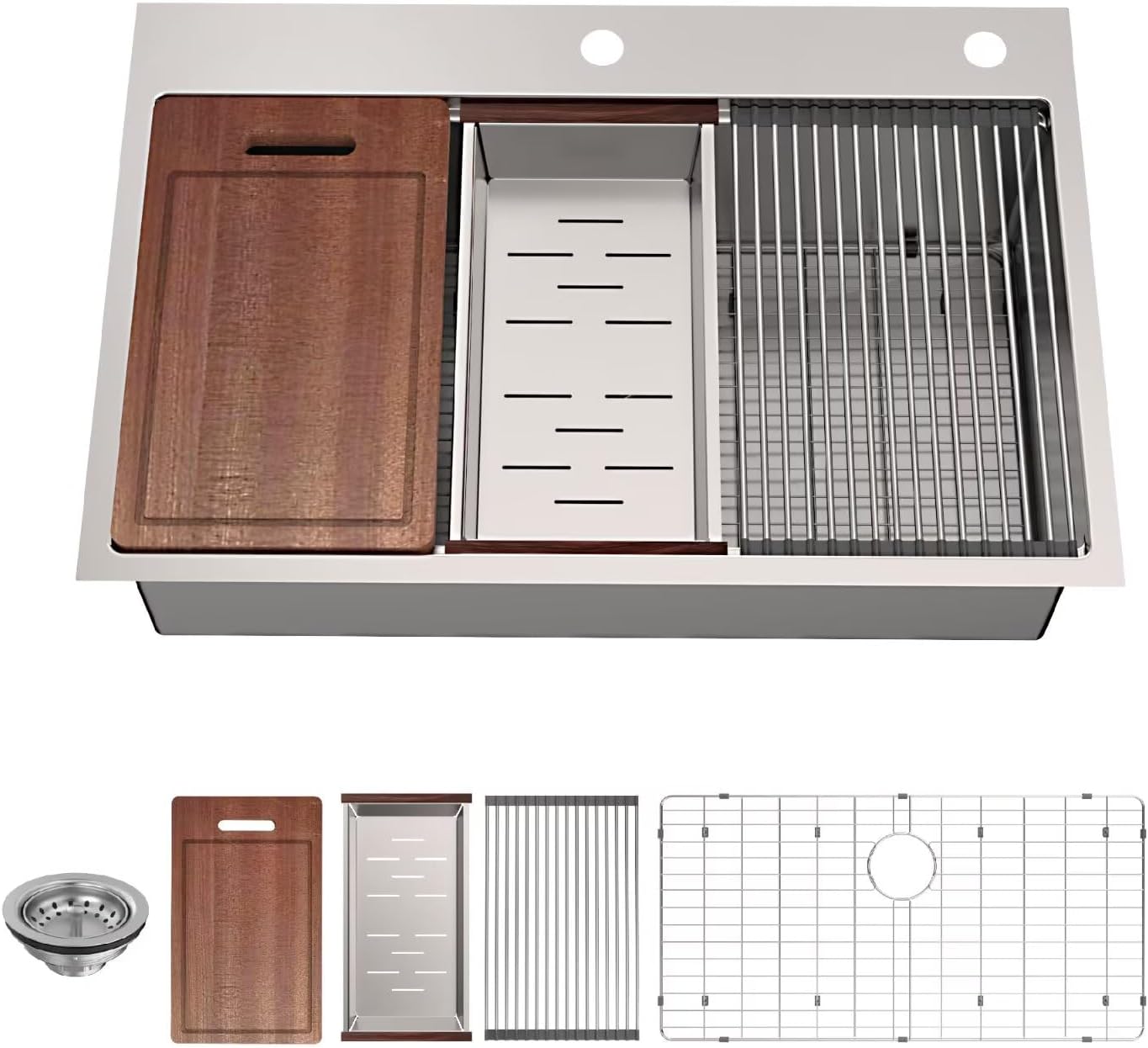 33-inch Undermount/Drop-in Kitchen Sink - 33''×22'' 18 Gauge Stainless Steel Workstation Sink Handmade Deep Single Bowl with Accessories (Strainer/Grids/Cutting board/Rolling Rack/Colander), Updated