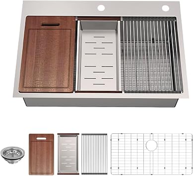 33-inch Undermount/Drop-in Kitchen Sink - 3322 18 Gauge Stainless Steel Workstation Sink Handmade Deep Single Bowl with Accessories Strainer/Grids/Cutting board/Rolling Rack/Colander, Updated