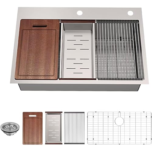 33-inch Undermount/Drop-in Kitchen Sink - 33''×22'' 18 Gauge Stainless Steel Workstation Sink Handmade Deep Single Bowl with Accessories (Strainer/Grids/Cutting board/Rolling Rack/Colander), Updated