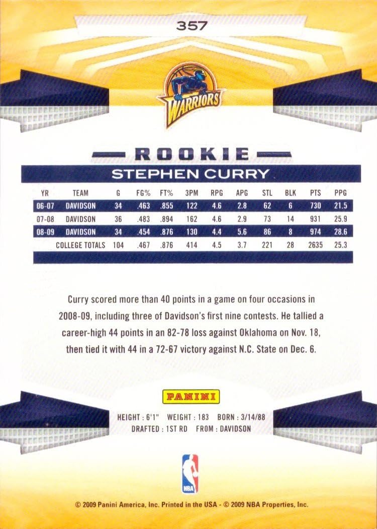 2009-10 Panini Basketball #357 Stephen (Steph) Curry Rookie Card