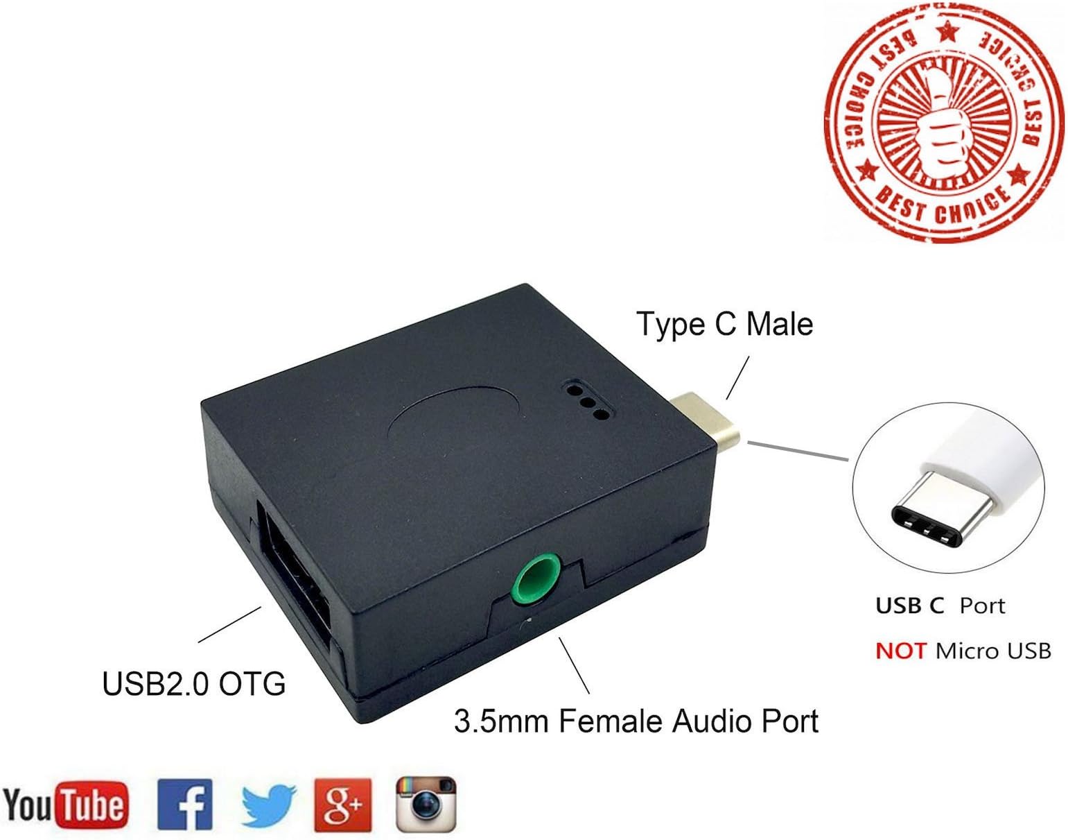 USB 3.1 Type-C Digital Audio Jack Port OTG Adapter. Type-C Male to USB 2.0 Female OTG Adapter w/ 3.5mm Female Digital Audio Output Speaker Port Converter Adapter. Plug n Play Pure Digital Signal (T2)
