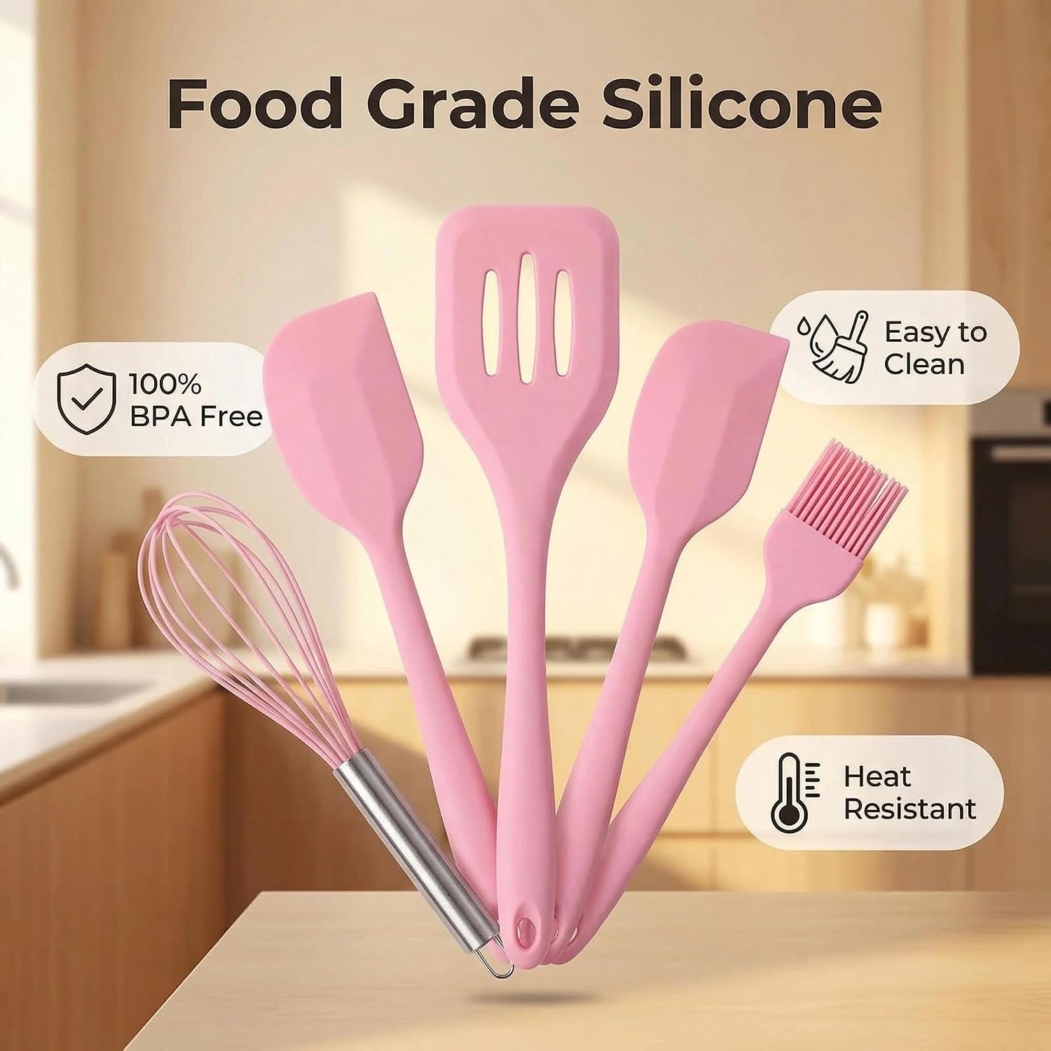 5 piece silicone cooking and baking set PINK, Heat resistant silicone utensils, Non Stick Silicone cooking Set,Brucsh, Whisk,Slotted Spatula, Big Spatula,Small Spatula